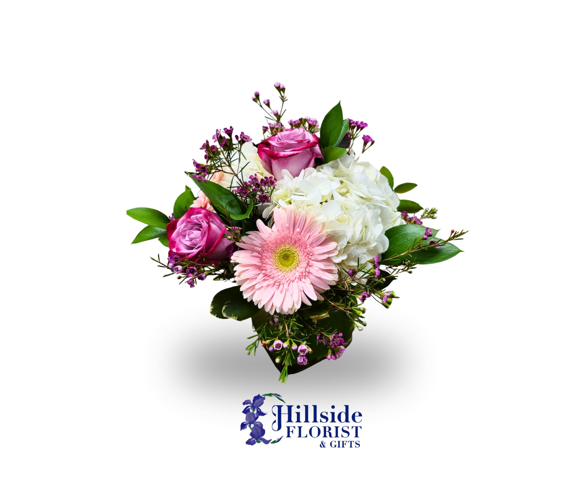 The Chaz  - 5x5 cube with  hydrangea, colored gerbera daisies, colored roses with accent flowers.  LOCAL DELIVERY ONLY