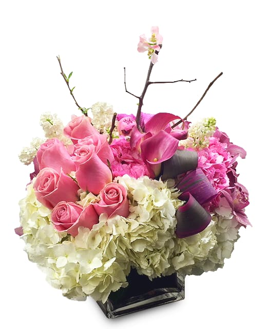 Pink roses and purple calla lilies in a black vase with white hydrangeas