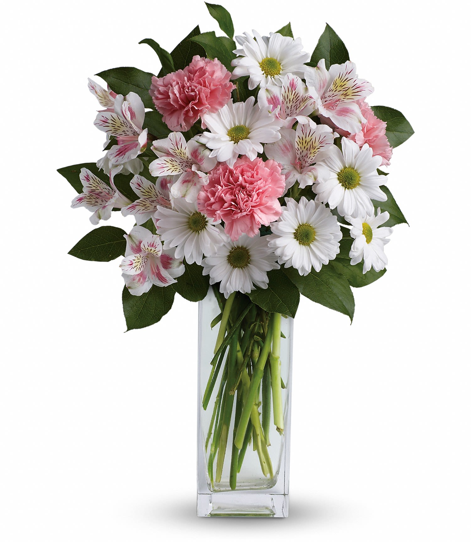 Pink carnations and white daisies in a clear glass vase