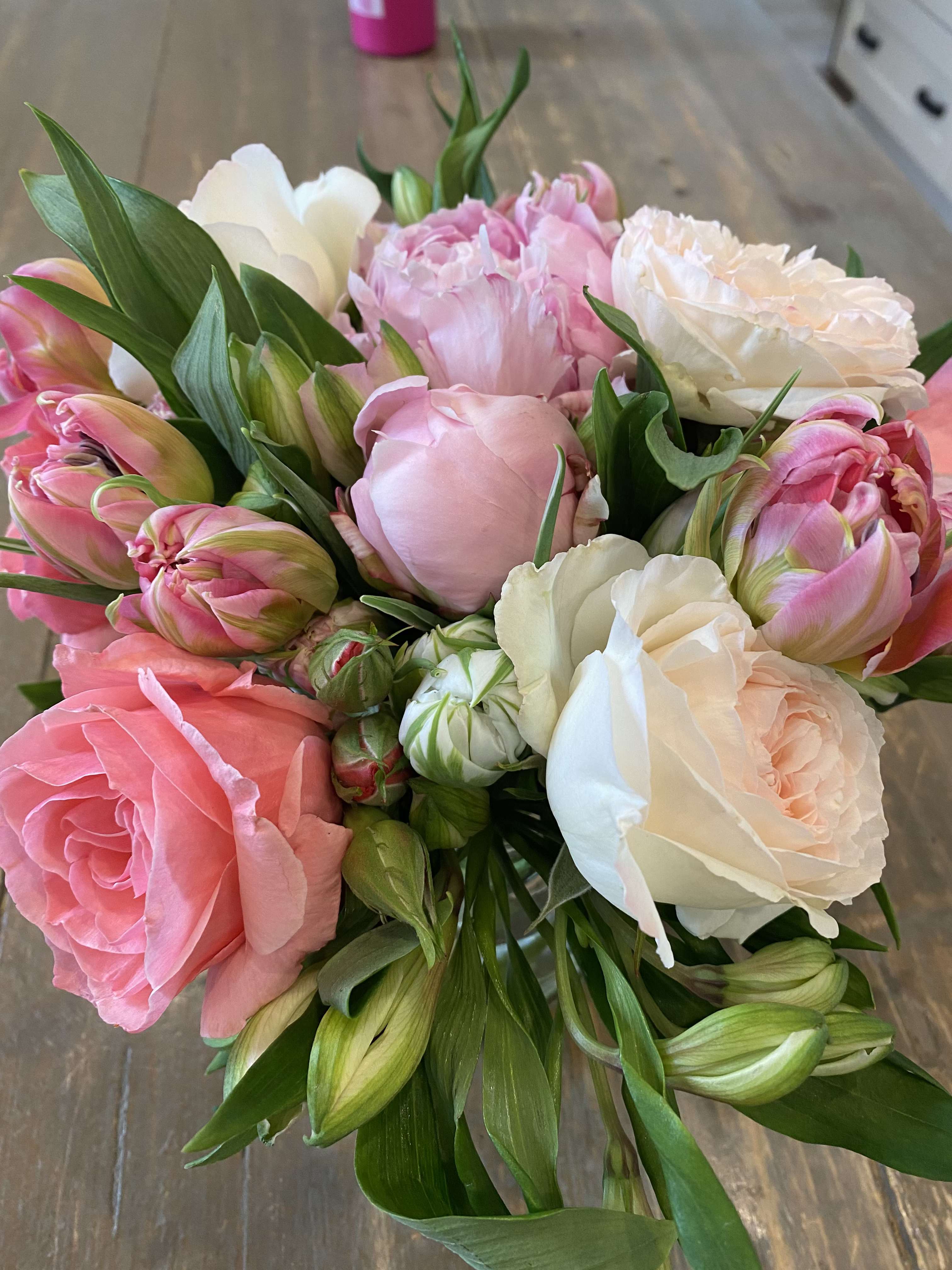 Bouquet of pink and white tulips and roses