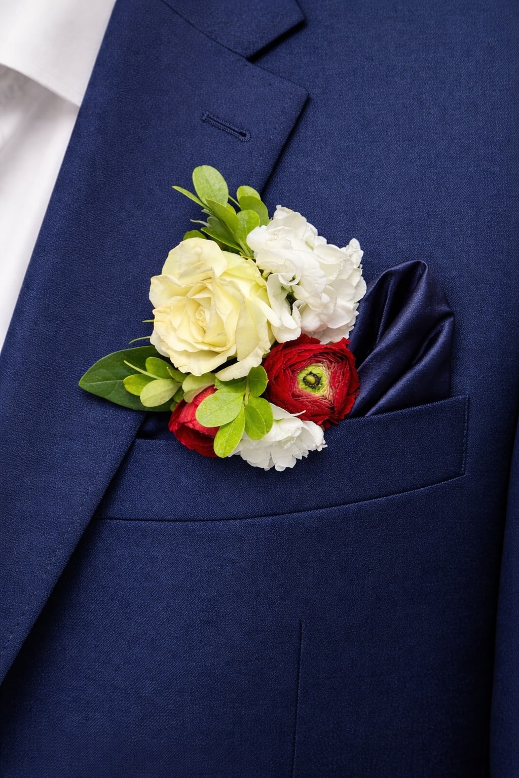 Prom pocket and weeding boutonniere  - A compact cluster of white and pale yellow roses with red ranunculus-like blooms creates a timeless, romantic boutonniere perfect for a wedding or prom. Designed to sit neatly on a navy suit jacket with a folded pocket square, this pocket and boutonniere pairing reads formal and celebratory-an elegant finishing touch that will make the person you're honoring look distinctly polished.  The arrangement pairs small white hydrangea accents and bright green leaves for fresh contrast against deep navy, giving the flowers visual pop from every angle. Its modest scale keeps the look refined and wearable on lapels, while the mix of roses, ranunculus-style blooms, and soft hydrangea texture balances classic romance with a modern edge.  Ideal for grooms, prom dates, or anyone stepping into a special occasion, this boutonniere sends a message of thoughtful care and celebration. Finished ready to pin, it coordinates with dark suits and crisp pocket squares-order with confidence knowing it's sized and styled for dressy events and portraits.