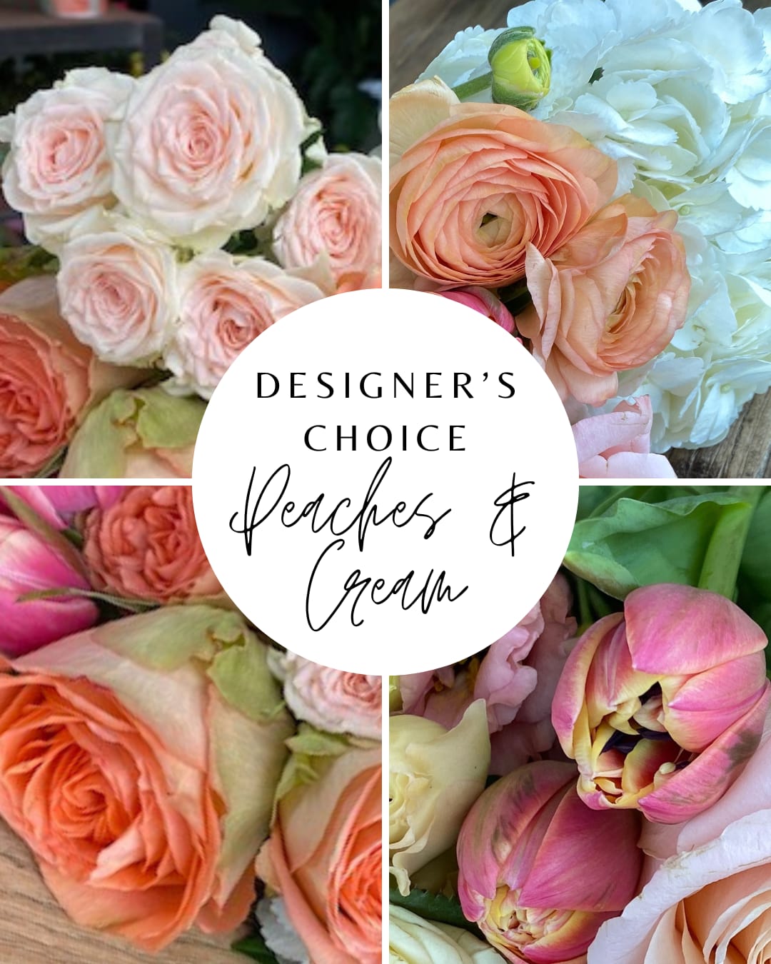 Collage of peach and cream flowers including roses, ranunculus, and tulips