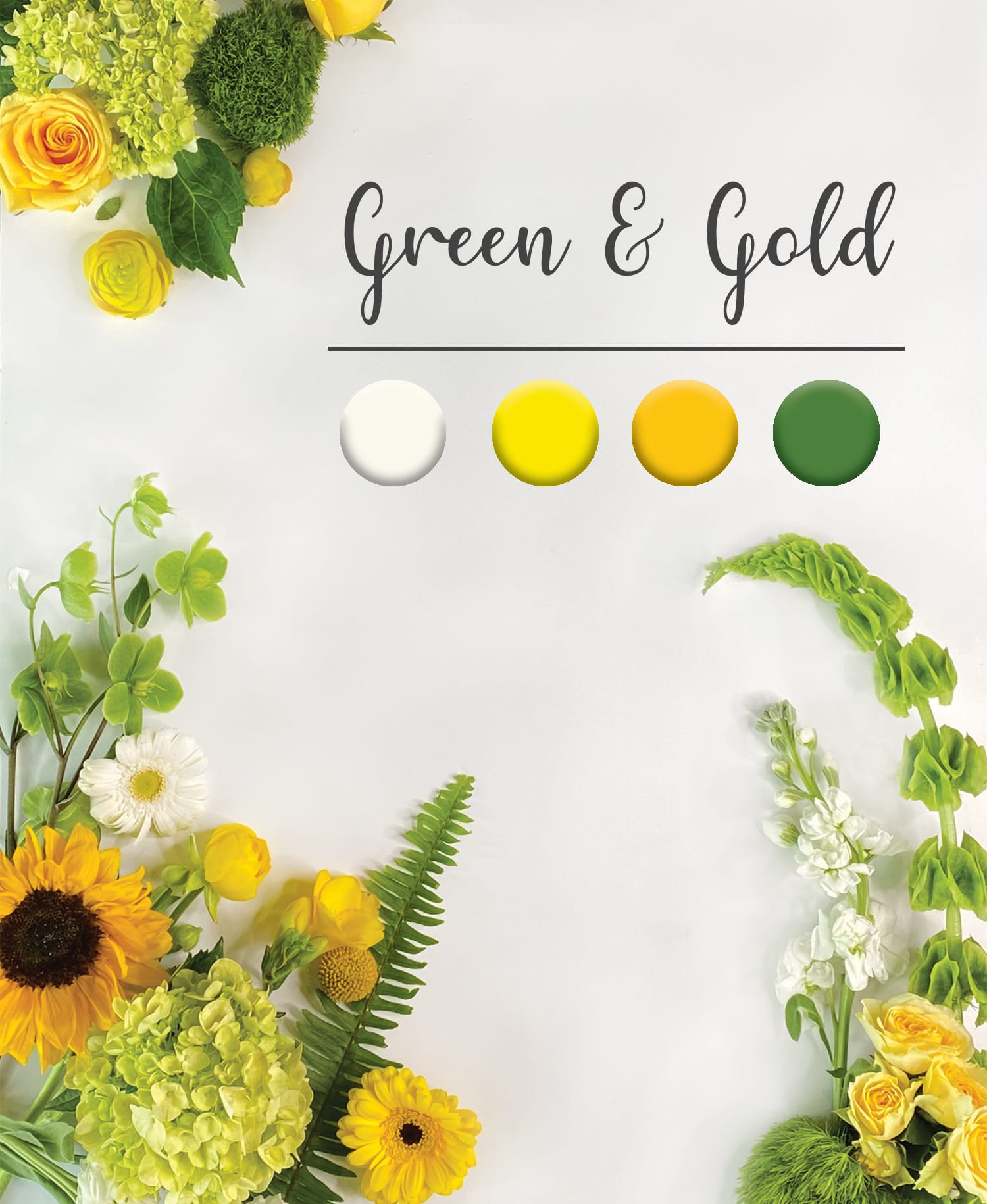 Yellow and green floral arrangement with sunflowers and roses around the edges