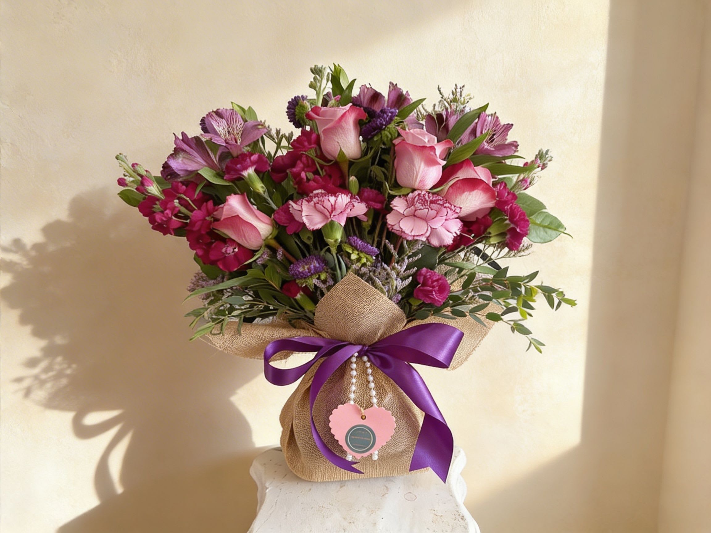 Velvet Plum Linen Wrap - Pink/purple roses, carnations and purple accents in a lush, hand-tied bouquet with Linen wrap and satin ribbon - a romantic, cheerful gift for birthdays, anniversaries, Mother's Day or just because. 