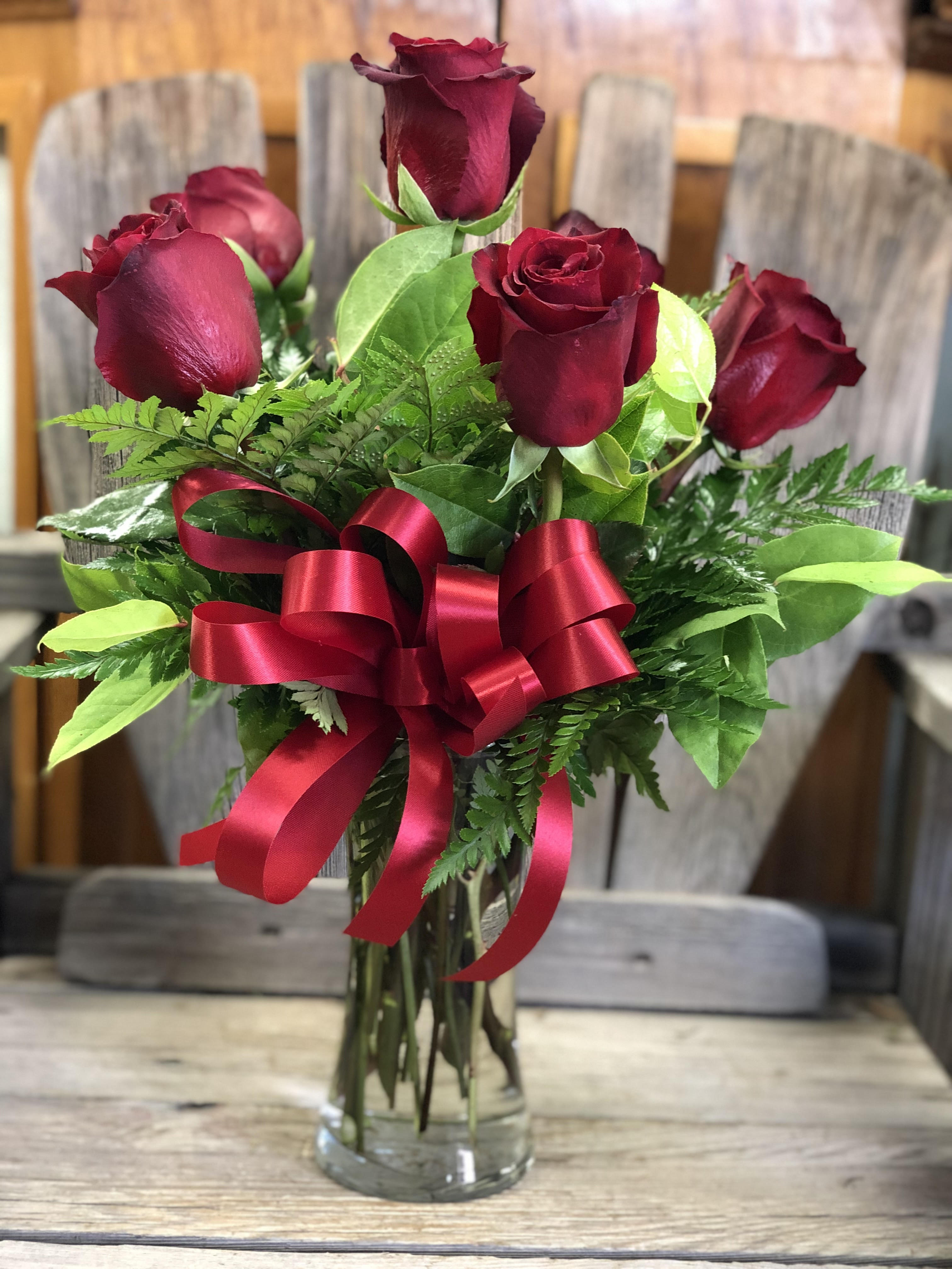 Half Dozen Long Stemmed Roses - Truly a classic set up, six long stemmed red roses, lush greens and filler in an 8" vase finished with a graceful bow.  If you are interested in another color please let us know in the special instructions or give us a call to check availability of specific colors. 