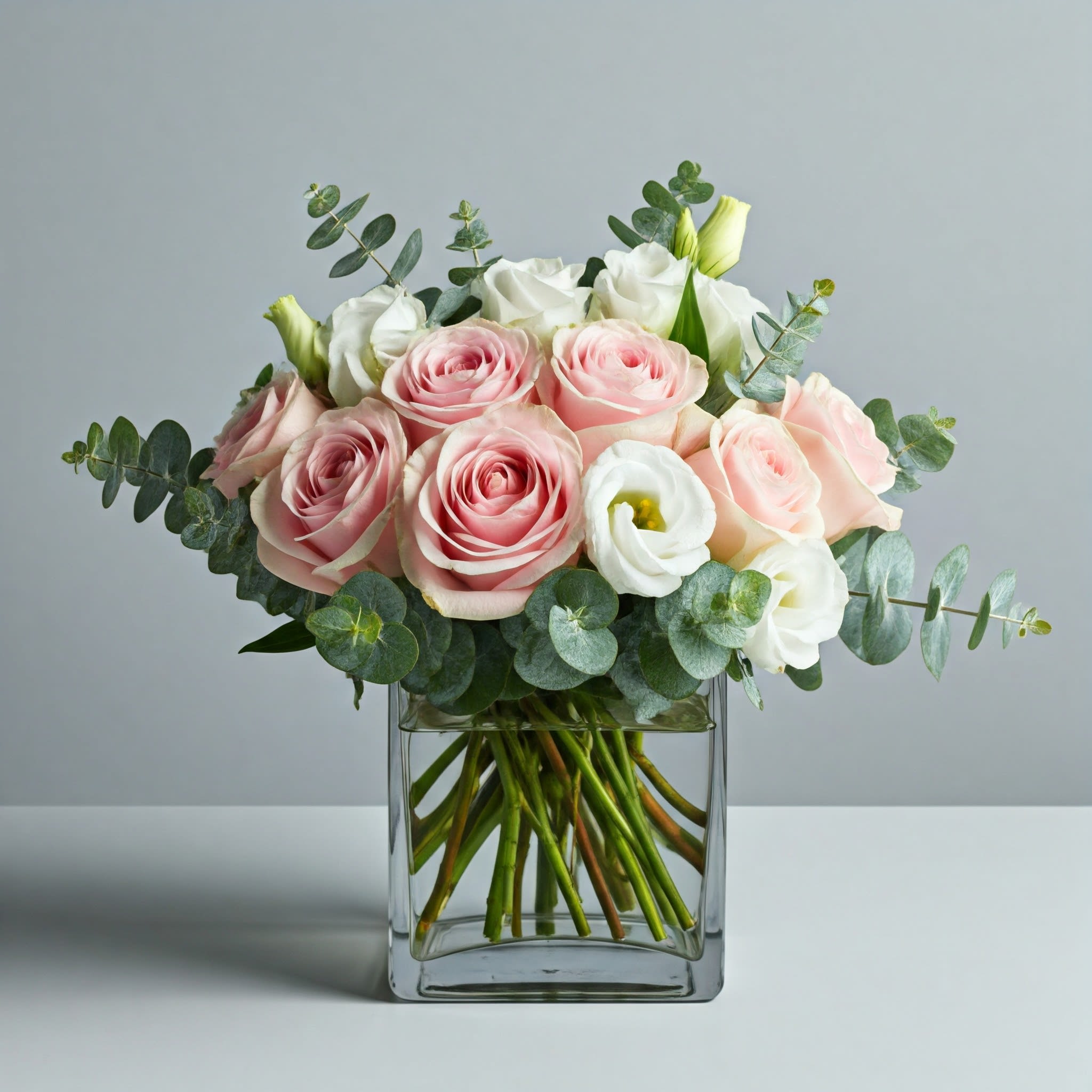 Parisian Pink - Parisian Pink ** Rose Color May Vary from Peach to Light Pink to Medium Pink, depending on freshest in-stock blooms! **  A delicate masterpiece of feminine grace, the Parisian Pink bouquet is a symphony of soft pink hues. Featuring a harmonious blend of blushing roses, with a pop of whites, and dainty greenery, this arrangement exudes a sense of ethereal beauty. Its gentle palette and exquisite design make it the perfect choice for expressing love, comfort, or congratulations.  Crafted with meticulous attention to detail, the Parisian Pink bouquet is a testament to our commitment to floral perfection. This enchanting bouquet is a timeless gift that will leave a lasting impression.  Approximate Dimensions: 10"D x 10"H