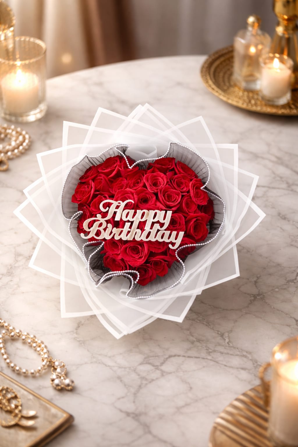 Happy Birthday - Ramo de rosas en forma de corazon acompanado de una delicada capa de tul que le da un apariencia elegante.