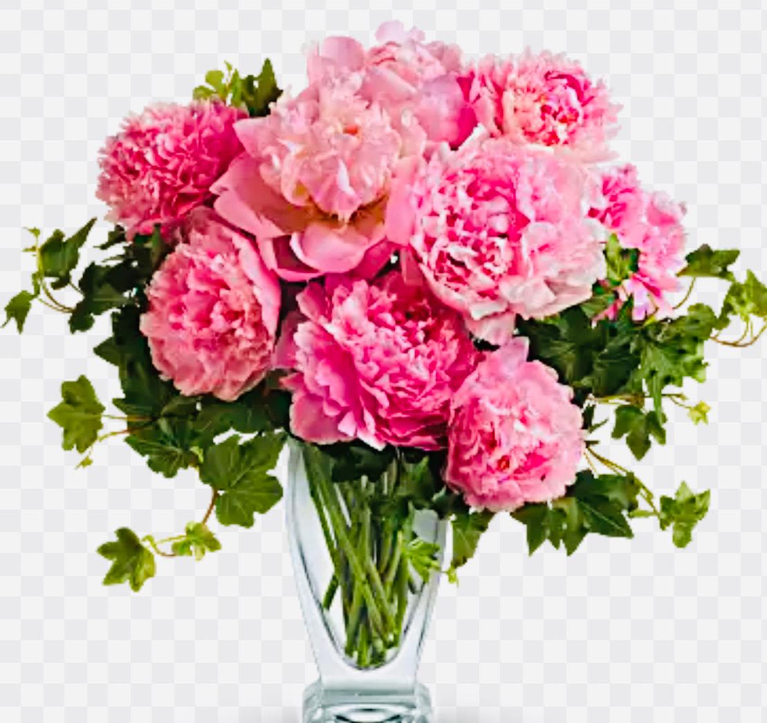 Pink peonies in a clear glass vase with green foliage