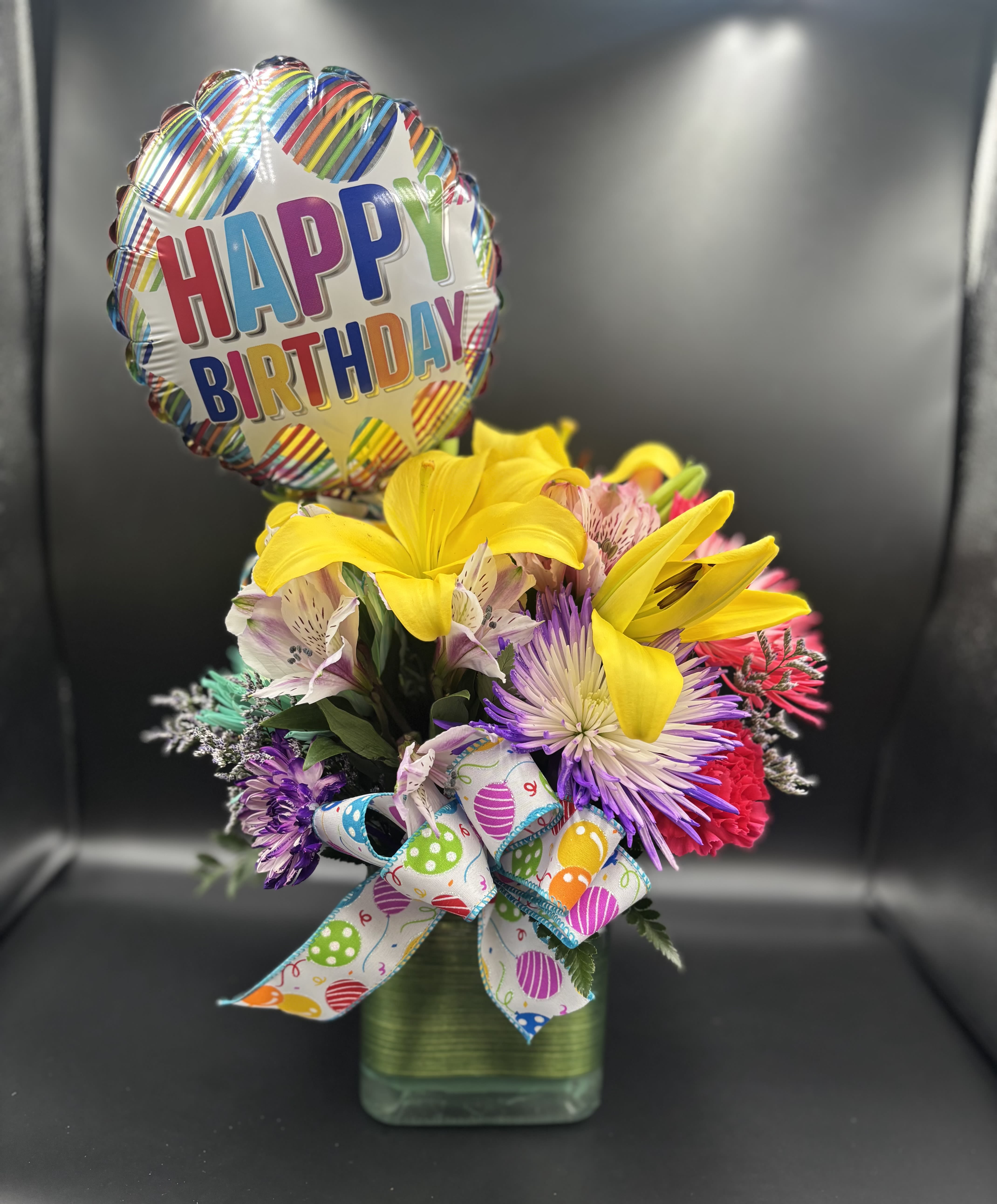 Birthday Bunch  - fresh flowers in vase with birthday ribbon 