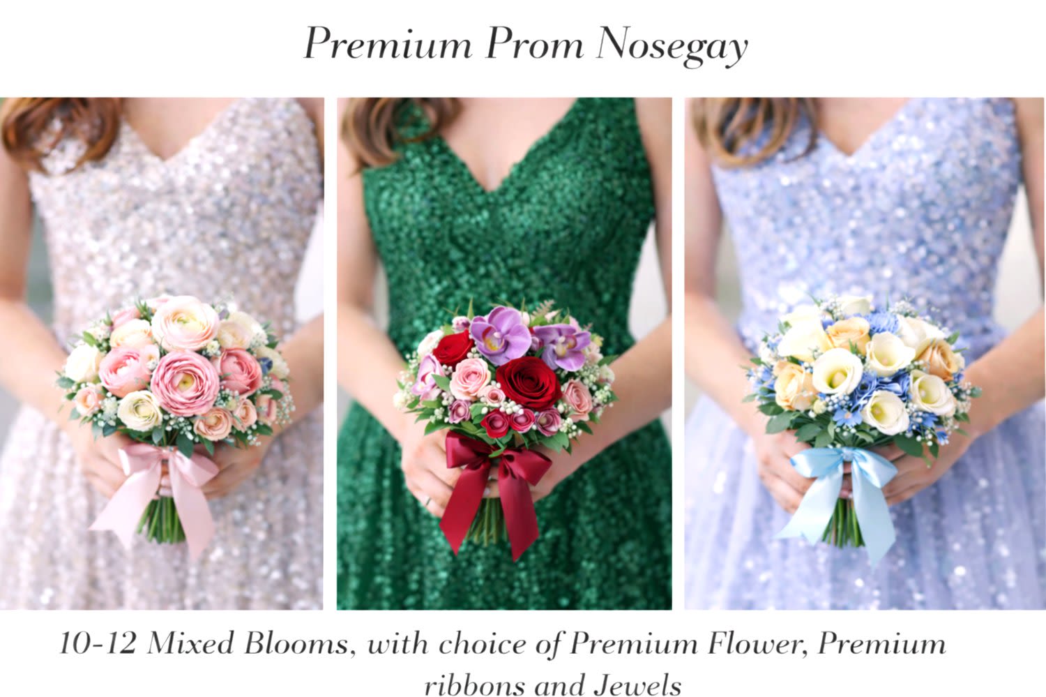 Premium Prom Nosegay Bouquet  - Elevate your prom look with a luxurious Premium Prom Nosegay bouquet from Floral Fabulous in Round Rock, Texas. Designed with 10–12 mixed premium blooms, these elegant handheld bouquets feature high-end flowers such as roses, ranunculus, orchids, and other seasonal favorites for a fuller, more upscale look.  Each nosegay is handcrafted by our expert florists and finished with premium ribbon accents and optional decorative jewels, creating a sophisticated and polished design that stands out. Perfect for matching high-end prom dresses, these bouquets offer a modern, elevated alternative to traditional corsages.  Available for local delivery and pickup in Round Rock, Pflugerville, Georgetown, and the greater Austin area, our premium nosegays are designed to make your special night unforgettable.   Premium flower selections  Fuller, luxury design style  Custom color coordination available  Designed locally by Floral Fabulous