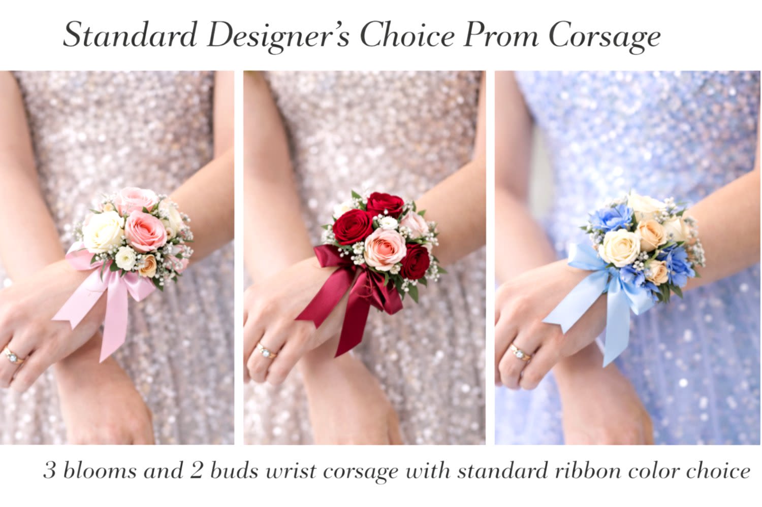Designer's Choice Prom Wrist Corsage - Complete your prom look with a beautifully handcraftedDesigner’s Choice wrist corsage from Floral Fabulous in Round Rock, Texas. Designed with 3 focal blooms and 2 accent buds, each corsage features fresh roses and seasonal flowers arranged with delicate greenery for a timeless, elegant style.  Finished with a coordinating ribbon in your color choice, these corsages are designed to match your dress perfectly while staying comfortable and secure throughout your event. Whether your style is classic, romantic, or modern, each piece is custom-designed by our expert florists.  Perfect for prom, homecoming, weddings, and formal events, our corsages are available for local delivery and pickup in Round Rock, Pflugerville, Georgetown, and the Austin area.   Fresh, high-quality flowers  Custom color coordination available  Lightweight and comfortable wrist design  Designed locally by Floral Fabulous