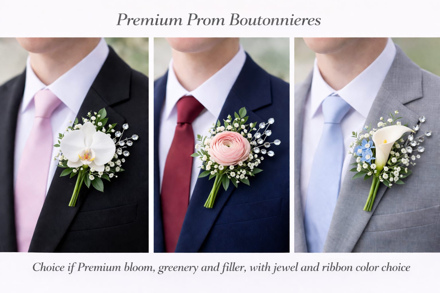 Premium Prom Boutonniere - Elevate your prom style with a Premium Prom Boutonniere from Floral Fabulous in Round Rock, Texas. Designed with your choice of premium blooms such as Orchids, Ranunculus, Mini CallaLilies, or Garden Spray Roses, each boutonniere features fresh greenery, delicate filler flowers, and a refined jewel spray accent for added elegance.  Handcrafted by our expert florists, these premium boutonnieres offer a fuller, more distinctive look than standard designs while maintaining a clean, modern style. Each piece is designed to coordinate perfectly with your date’s corsage or bouquet, creating a polished and cohesive prom look.  Perfect for prom, homecoming, weddings, and formal events, our premium boutonnieres are available for local delivery and pickup in Round Rock, Pflugerville, Georgetown, and the greater Austin area.   Choice of premium blooms (orchid, ranunculus, mini calla lily)  Elegant jewel spray accent  Fresh greenery and filler flowers  Coordinating ribbon color options available  Designed locally by Floral Fabulous