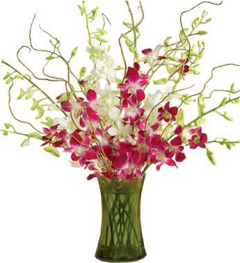 Pink and white orchid arrangement in a green glass vase