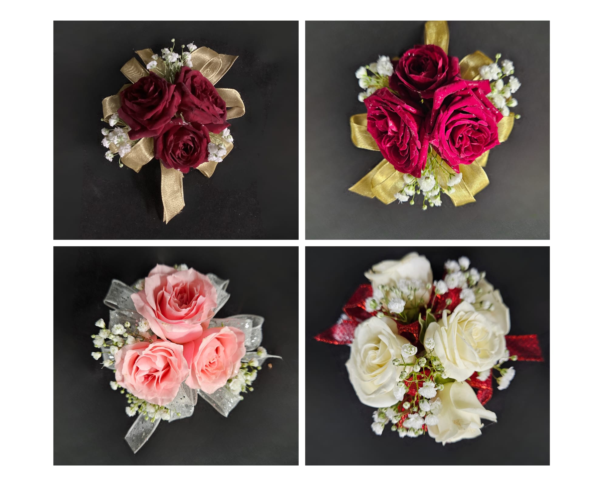 Northmont Prom Spray Rose Corsage - A classic spray rose corsage hand-tied in satin ribbon that compliments any outfit. A beautiful addition to any prom or homecoming event. Available Colors: White, Red, Light Pink, or Hot Pink. Available for wrist or pin on.