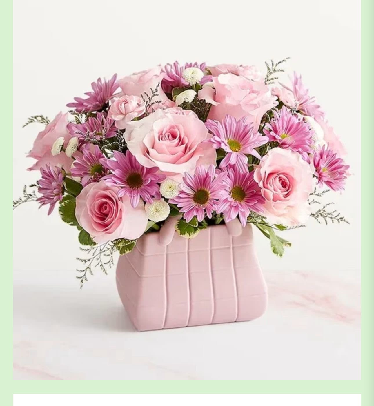 Mom To Be - Soft pink roses mingle with purple daisy-like blooms and tiny white filler flowers in a rounded, full composition designed especially for a mom-to-be. This pregnancy-friendly bouquet reads as a birthday bouquet, Mother's Day arrangement, or a thoughtful "thinking of you" gift - the kind of floral surprise that makes her feel noticed, cherished, and gently celebrated.  The arrangement sits in a blush pink vase that echoes the soft palette; blooms spill outward for a lush, feminine silhouette. Petal textures range from the velvety roses to the cheerful daisy-like blossoms, while the small white fillers add light, airy contrast. Colors run from pastel pinks to deeper magenta-purples, giving visual depth without overwhelming the senses.  Perfect for welcoming a new mother or marking a quiet anniversary, this bouquet sends a message of warmth and anticipation. Vase included; the rounded size creates an easy centerpiece or bedside pick-me-up. For best enjoyment, keep water fresh and trim stems each few days to extend freshness.