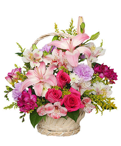 Straight From The Heart Basket  - This striking basket is sure to captivate! With beautiful pink roses, lovely pink and white alstroemeria, gorgeous pink Asiatic lilies, enticing lavender carnations, and more, Straight From The Heart is bursting with love. Send this charming basket and make someone's day more memorable! 