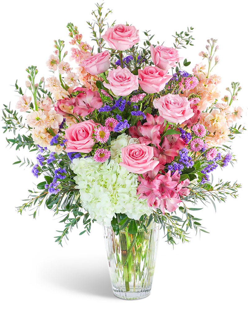 Queen of the Clouds - Spread love and joy with our exquisite Queen of the Clouds Flower Design. Delicate pink roses, Alstroemeria, and Hydrangea are artfully arranged in a clear glass vase, creating a beautiful and tender look that is sure to bring a smile to anyone's face. With its pop of pastel colors, this unique flower arrangement is perfect for adding a touch of soft elegance to any occasion. Our floral inventory changes with the seasons and market availability. These images are indicative of our general size &amp; style. We can offer same-day flower delivery in most cases. If you are sending the bouquet directly to your recipient, please provide the complete address and contact information so that we can deliver the flowers directly to them.