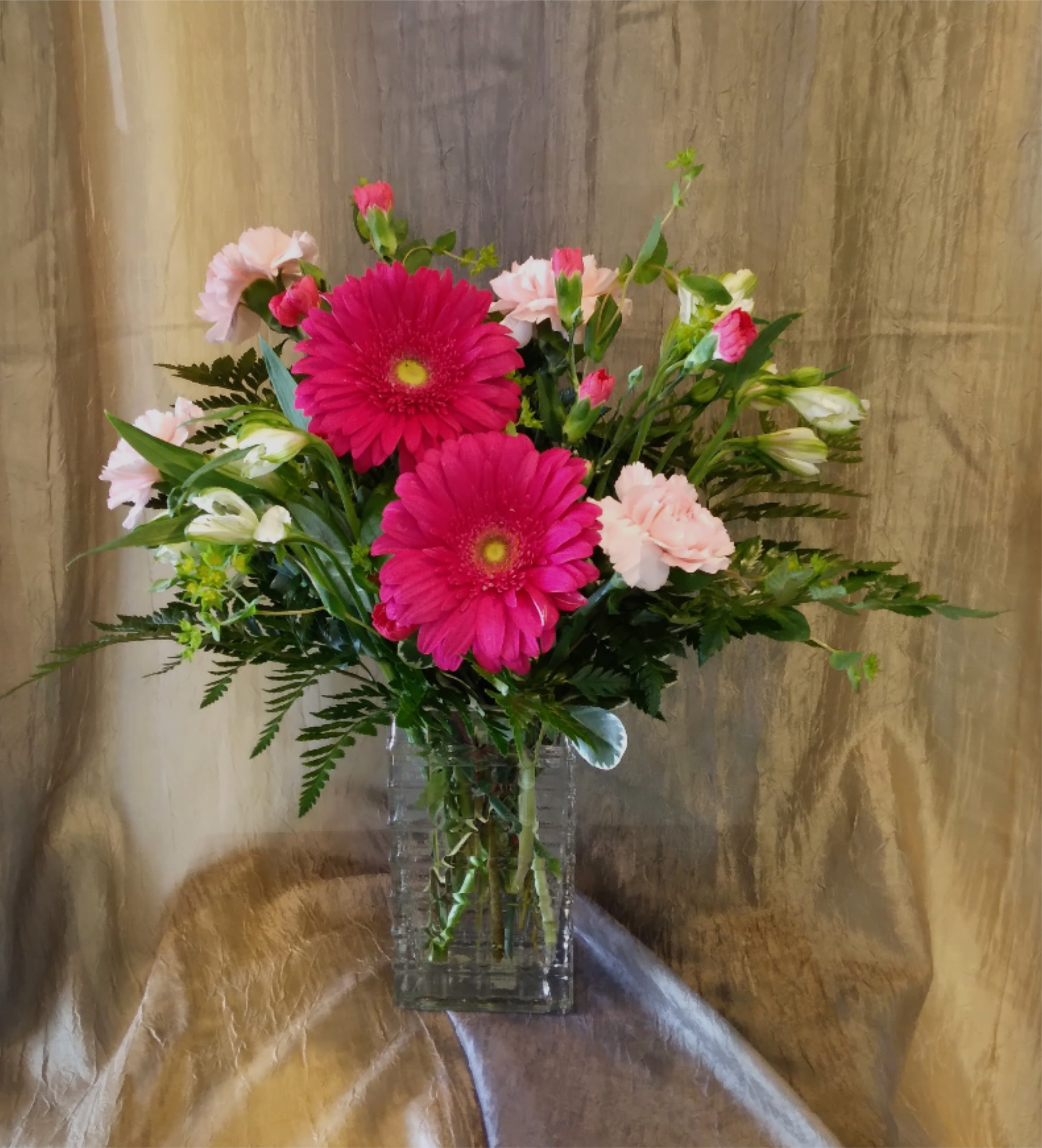 Daisy About You ~ Flower A Day -  'Daisy About You' Beautiful Gerbera Daisies and pretty purple and white accent flowers. Wonderful Spring flowers for you or that special someone!