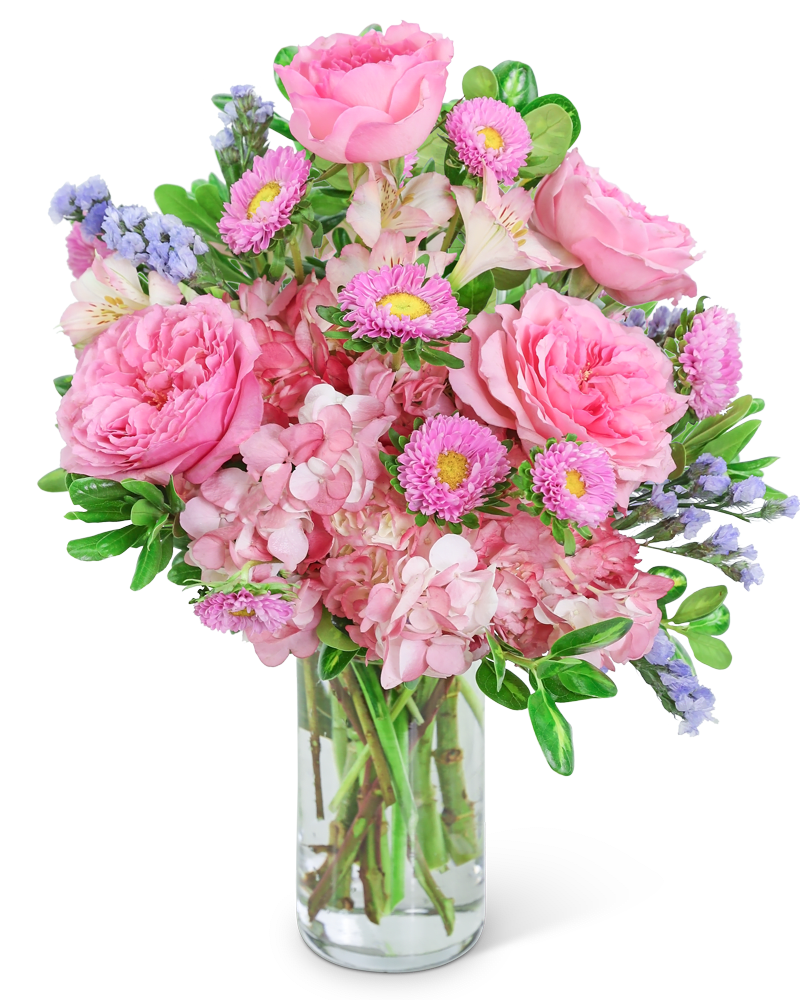 Head In The Clouds - Send your love with this beautiful design, perfect for a birthday, new baby, or romantic gift. Head in the Clouds features pink roses, Alstroemeria, and Hydrangea designed in a clear vase for a delicate look that will make anyone smile. This unique flower design adds the perfect extra pop of pastel color! We can offer same-day flower delivery in most cases. If you are sending the bouquet directly to your recipient, please provide the complete address and contact information so that we can deliver the flowers directly to them.