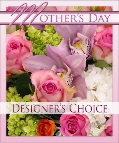 Mixed arrangement of pink roses, lavender orchids, and hydrangeas with a Mother’s Day designer’s choice label