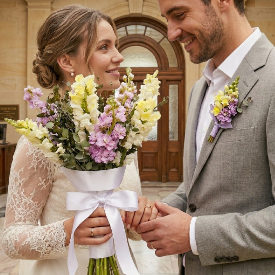 The Elopement Essential - Perfect for: Intimate courthouse ceremonies or mountain elopements.  Included: 1 Premium Bridal Bouquet, 1 Coordinating Boutonniere.  Description: A curated duo designed to make a statement in photos. This package features the season’s fresh-cut blooms arranged in a lush garden-style aesthetic. The bouquet is hand-tied with premium satin ribbon. While the boutonniere features delicate accents and a secure magnetic or pin attachment.  After placing order: Please make sure you enter a valid email address. We will be reaching out to you.  Delivery: Hand-delivered via professional courier to your residence. We ensure the bouquet is transported in a temperature-controlled environment and arrives in a water source to maintain freshness until your ceremony begins. 
