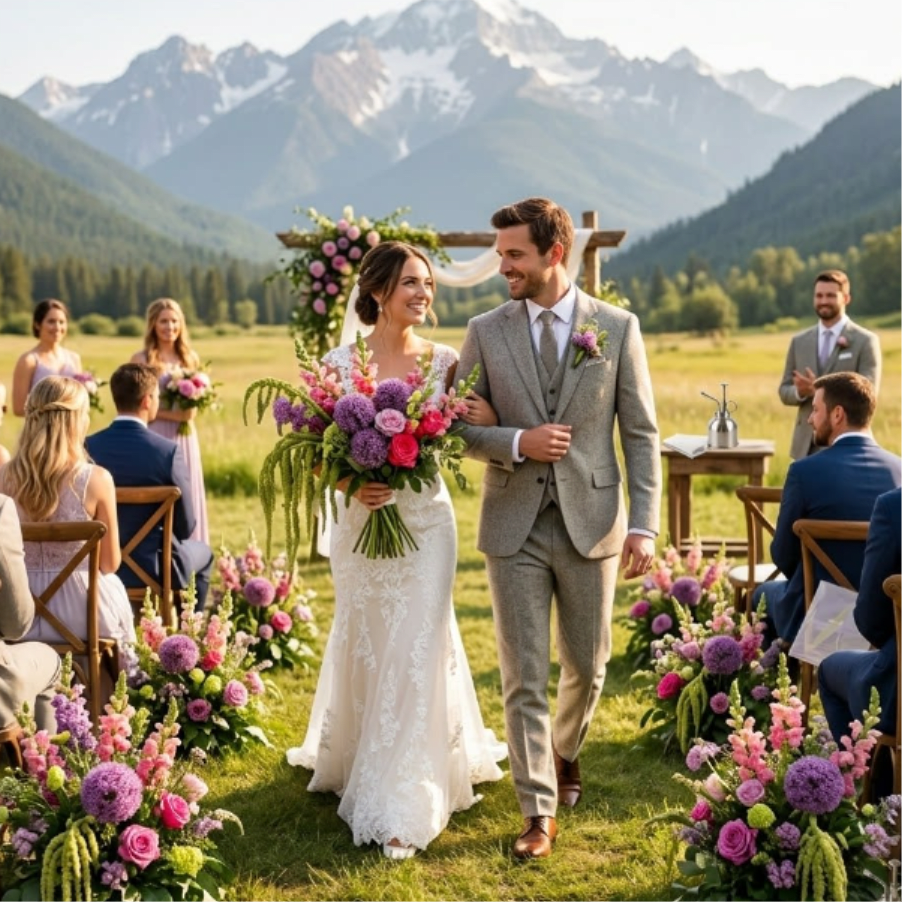 The Grand Ceremony Collection - Perfect for: Full-scale traditional ceremonies and impactful floral installations.  Included: 1 Premium Bridal Bouquet, 1 Coordinating Boutonniere, 6 Aisle Garden Arrangements, 1 Large Arch Installation Piece.  Description: Transform your ceremony space into a botanical sanctuary. This comprehensive package includes 6 "grounded" aisle arrangements designed to look like flowers growing naturally along the path, a striking focal arch piece for your vows, and the essential personal flowers. All pieces utilize seasonal textures and lush foliage for a cohesive, high-impact look.  After placing order: Please make sure you enter a valid email address. We will be reaching out to you.  Transport &amp; Setup: This includes 6 aisle arrangements and a focal arch piece. We handle the transport and full installation at your venue.