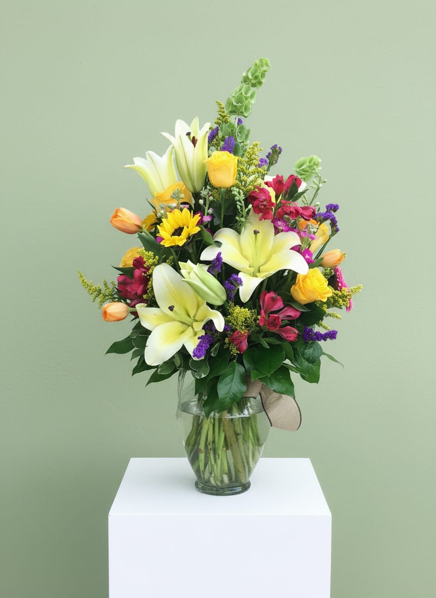 Sunny Days - Large white lilies take center stage in this cheerful Mother's Day bouquet, paired with sunny yellow roses, bright pink alstroemeria and pops of orange tulip for a joyful, celebratory look. The tall, layered design reads elegant yet lively-exactly the kind of arrangement that makes the mom you're thinking of feel truly seen and celebrated on her special day.  This arrangement includes white lilies, yellow roses, pink alstroemeria, orange tulips and small purple filler flowers arranged upright in a clear glass vase tied with a neutral ribbon. Blooms rise above the vase for a striking presence on a dining table or mantel, and the mix of soft whites, warm yellows and playful pinks creates a fresh, versatile palette that suits moms with classic or cheerful tastes.  Perfect as a Mother's Day surprise, birthday gift, or pick-me-up for a dear friend, it sends a message of warmth and appreciation. For longest enjoyment, refresh water regularly and trim stems every few days; choose your preferred delivery date at checkout to ensure she gets this bright, thoughtful bouquet right on time.