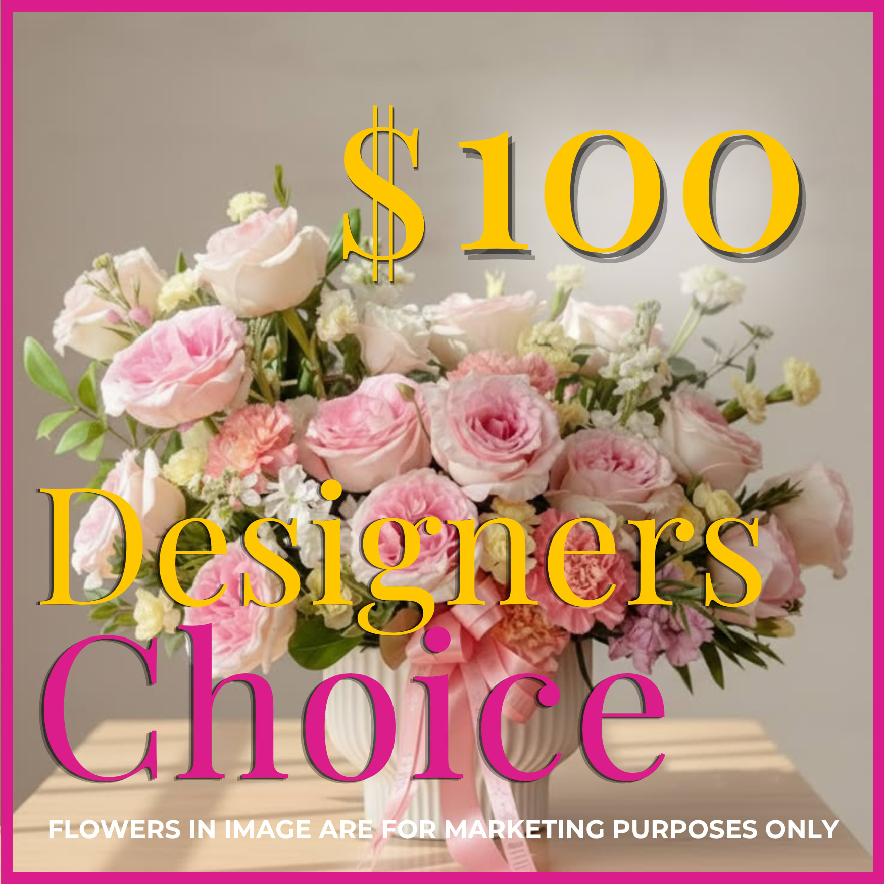 Designers Choice $100 (Vase or Container) - Let our talented team of designers create an incredible arrangement for your special and unique occasion. Your arrangement will be filled with bright and cheerful spring colors. 