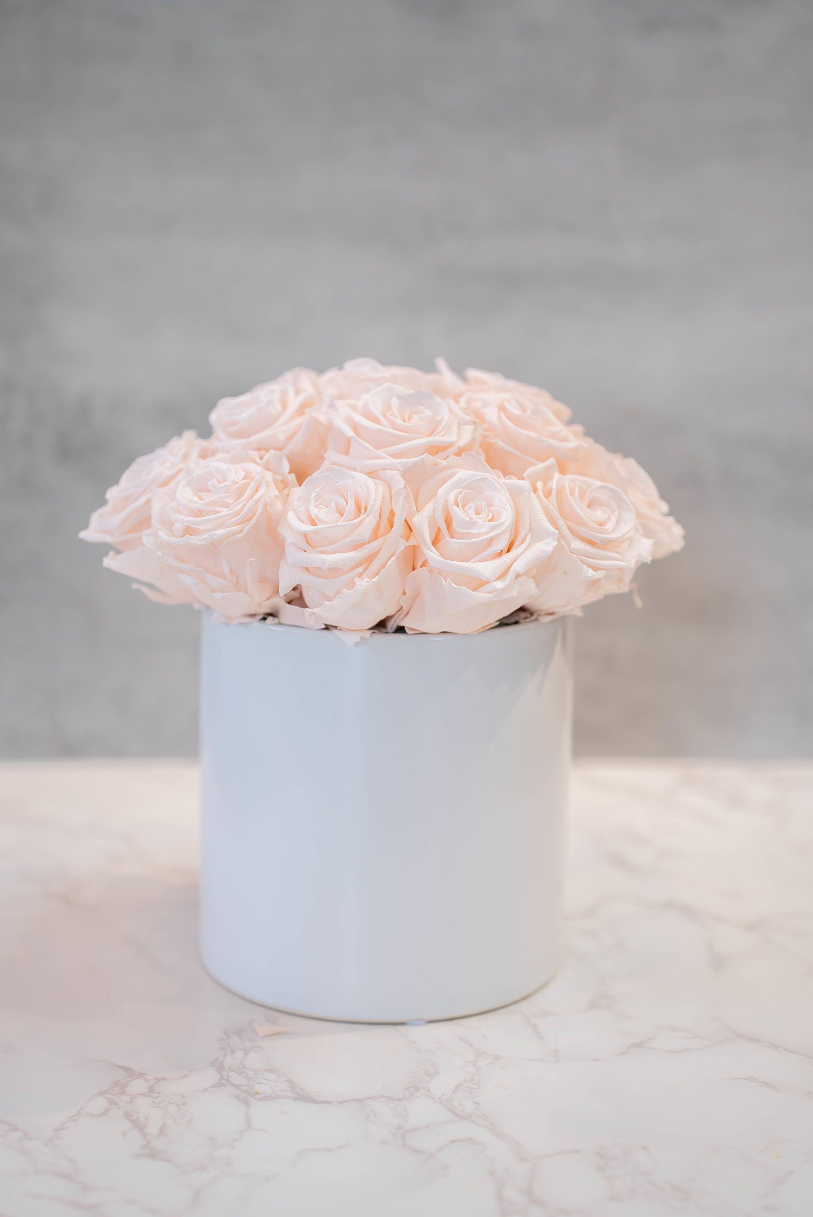 Blush Roses in White cylinder  - High end preserved roses, custom designed by hand in our local shop