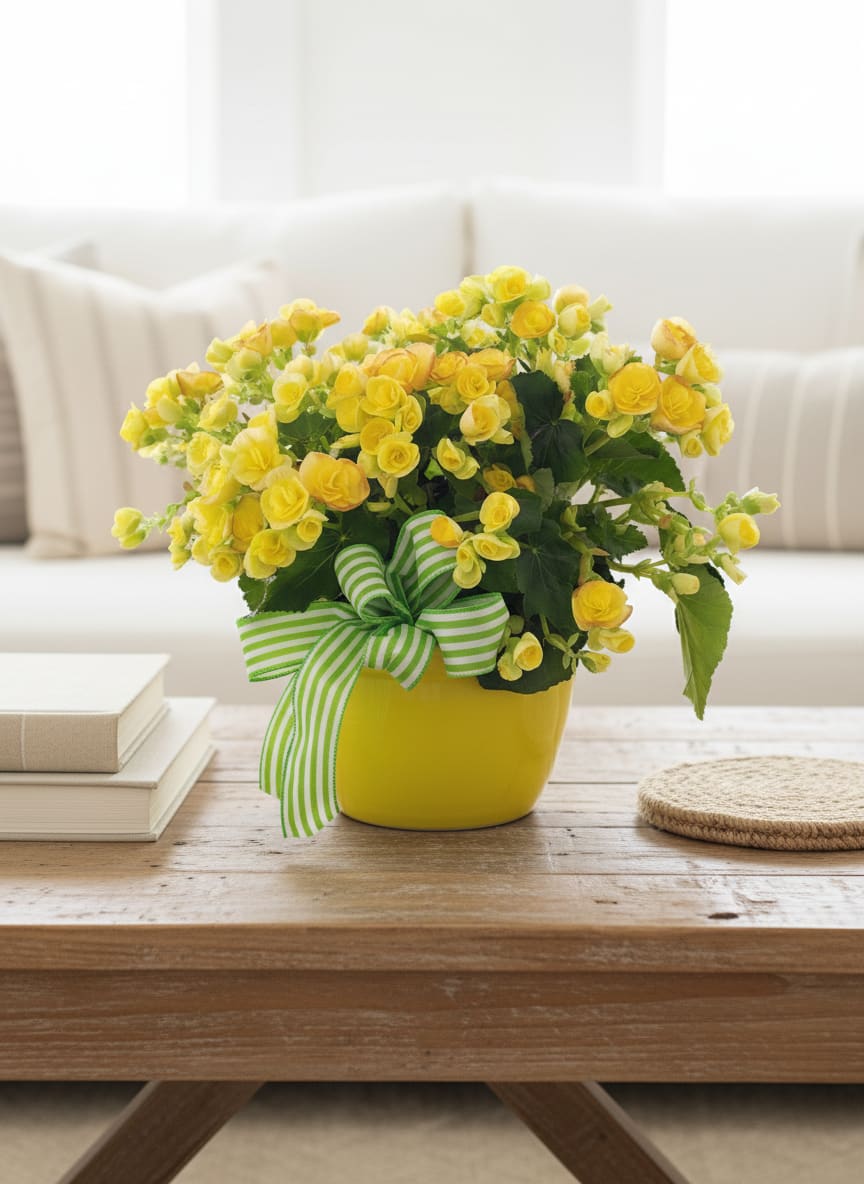 Plant Lady - A sunny yellow blooming begonia plant makes a joyful Mother's Day gift and a delightful springtime accent for her home. This plant arrangement arrives as an overflowing cluster of small, rounded yellow blooms set against rich dark green foliage, presented in a smooth yellow ceramic pot that feels cheerful and gift-ready.  The pot is tied with a green-and-white striped ribbon for a playful, finished look and is styled here atop books on a wooden table to suggest how it brightens any room. Compact and dense in shape, the begonia brings long-lasting color and a soft, textured presence-perfect for a kitchen windowsill, bedside table, or office desk.  Give the person you're thinking of a plant that reads sunny and cared-for; she'll feel genuinely celebrated every time she waters and watches new blooms open. Available in a single compact size-ships ready to display with simple care: moderate light, regular watering to keep soil slightly moist, and occasional rotation for even growth.