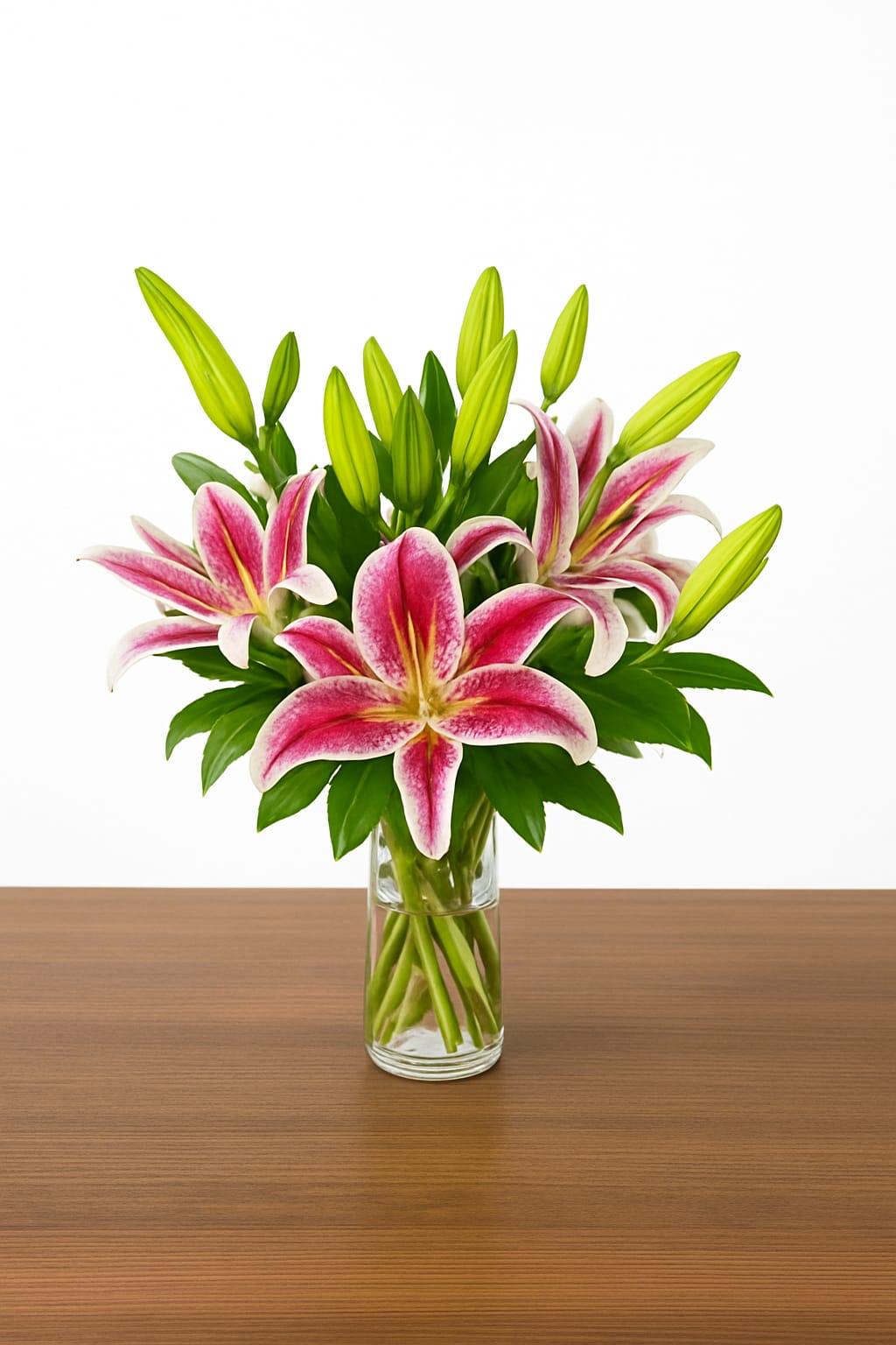 Pink and white lilies with green buds arranged in a clear glass vase on a wooden surface