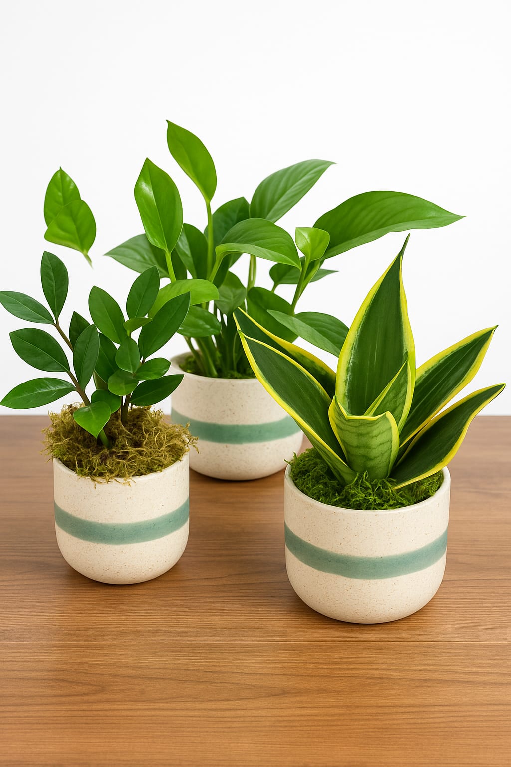 Three potted houseplants in cream ceramic pots on a wooden surface