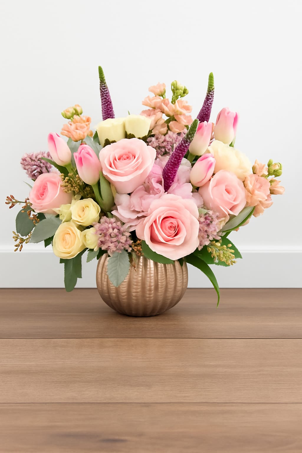 Pink and cream flower arrangement in a ribbed gold vase