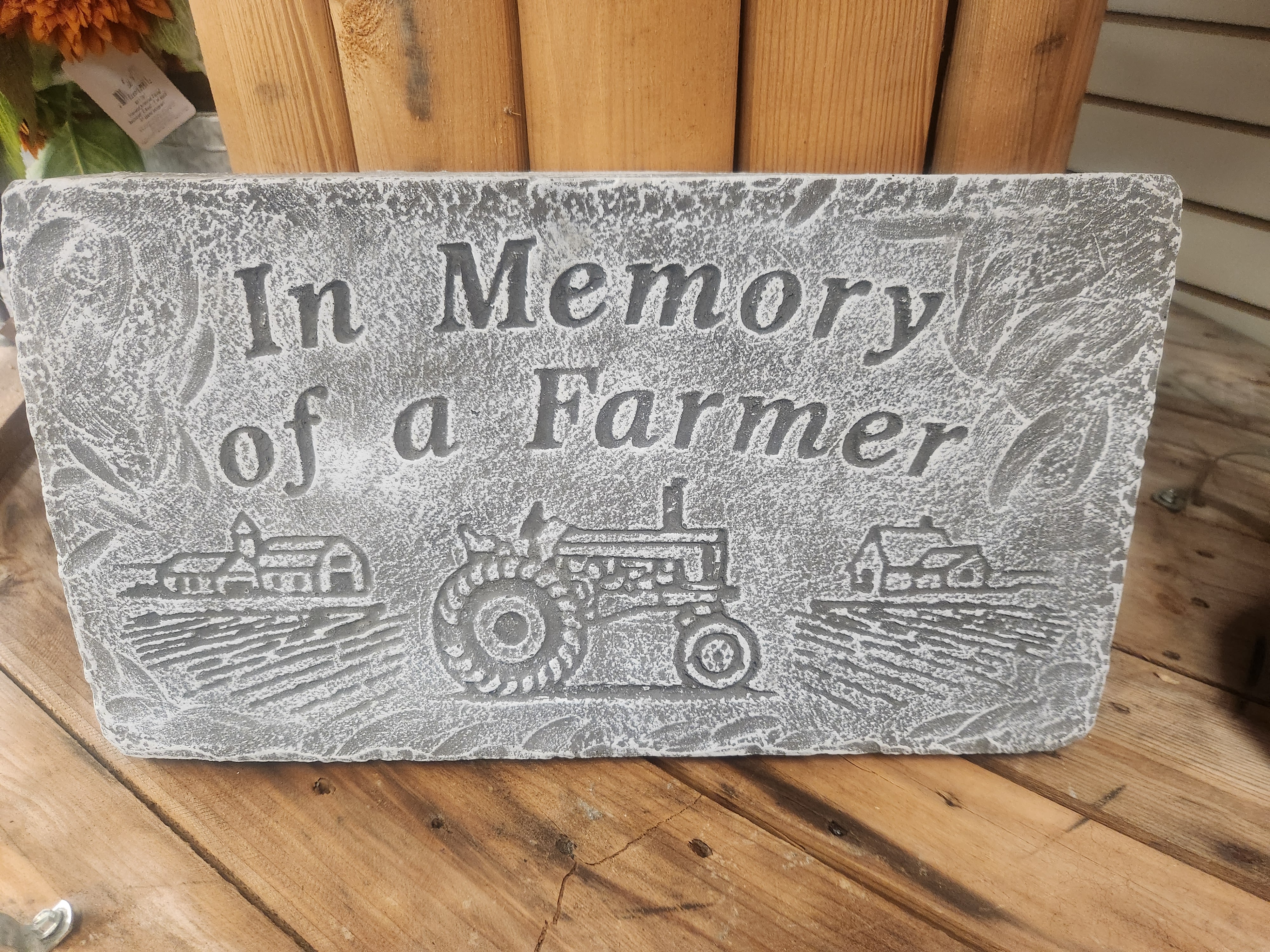 "In memory of a Farmer" cement memorial stone with stand  - "In loving memory of a Farmer" cement stone with a stand 
