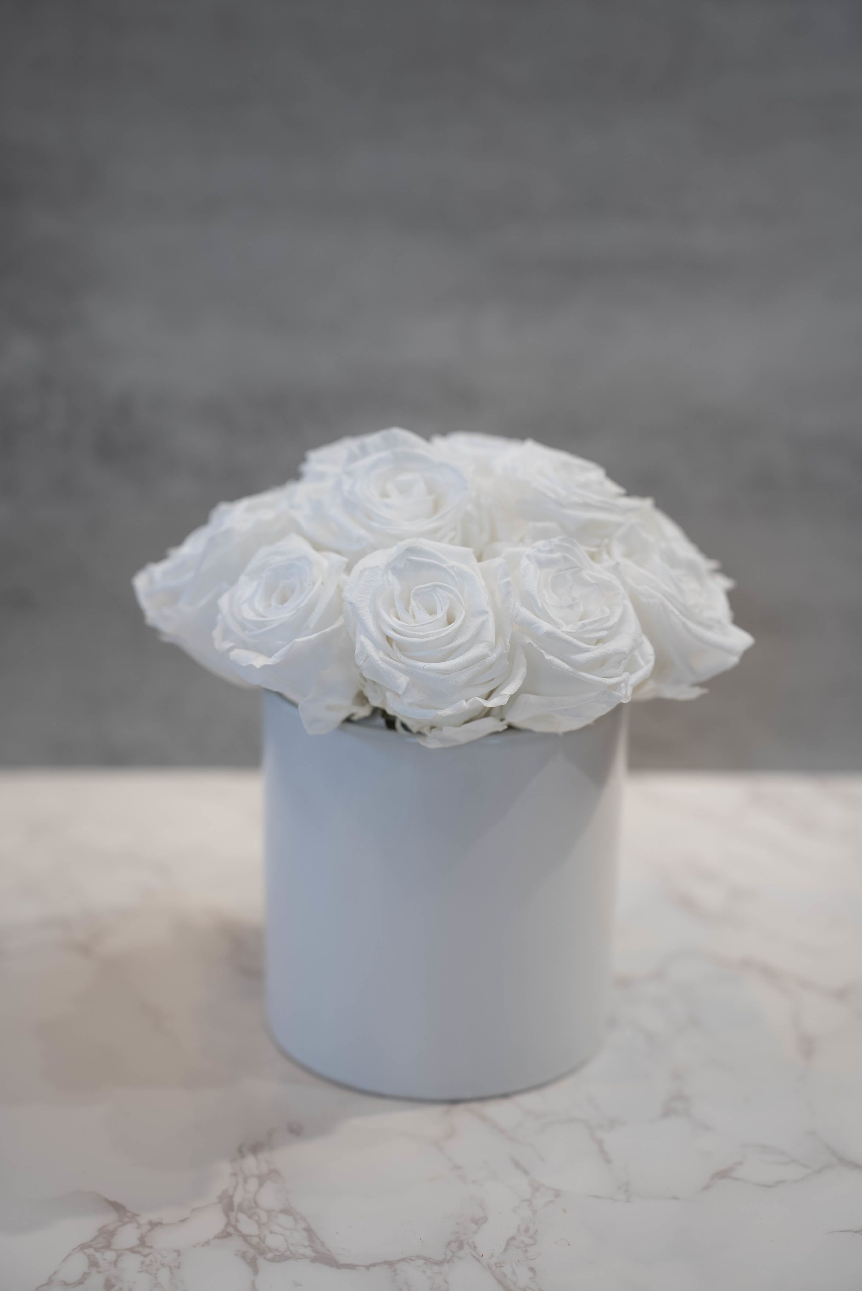 White Roses in White Cylinder  - High end preserved roses, custom designed by hand in our local shop