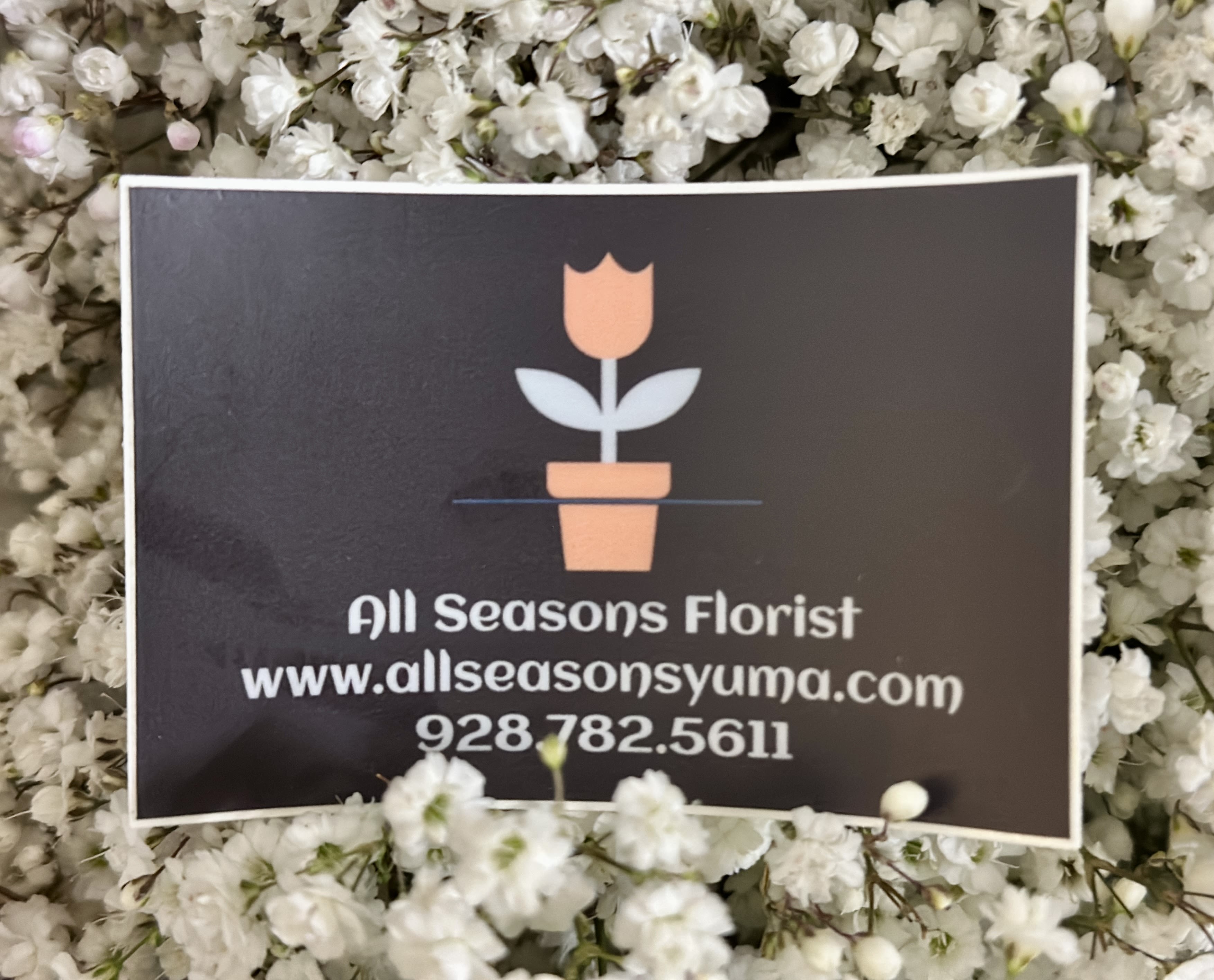 White baby's breath surrounds a florist business card