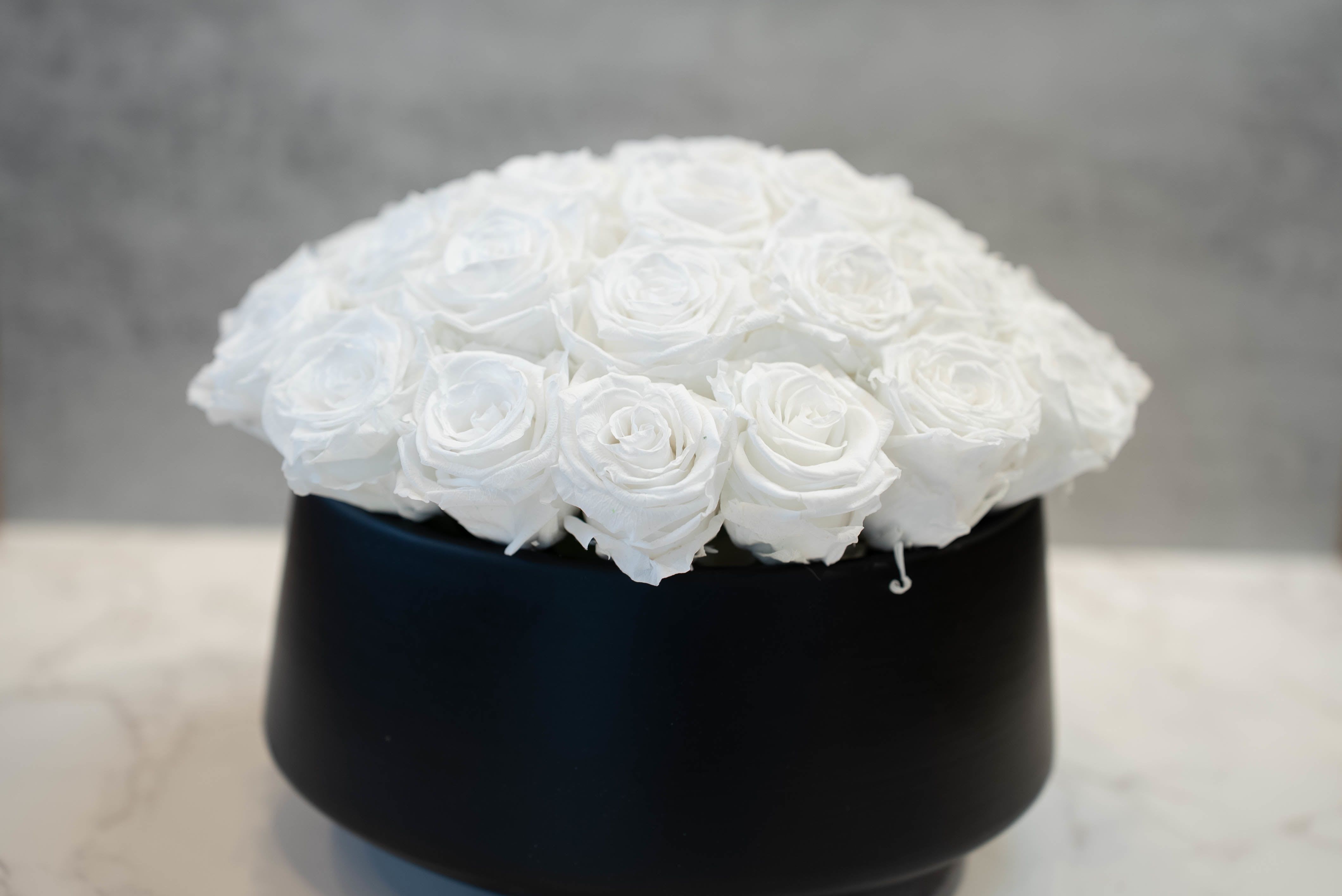 White Roses in Round White Container - High end preserved roses, custom designed by hand in our local shop