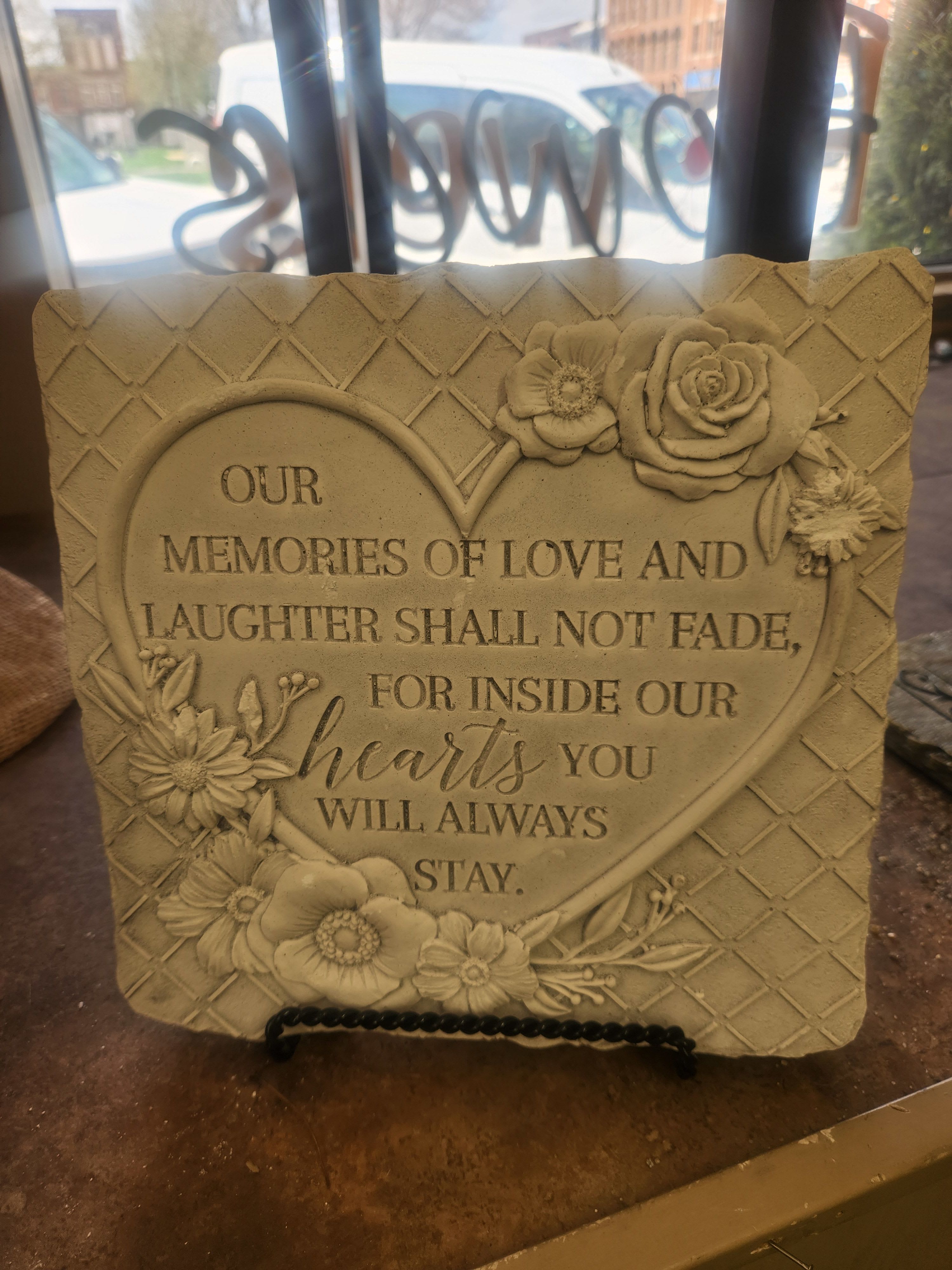 "Our memories of Love and Laughter" memory stone with stand e - "Our memories of love and laughter shall never fade, for inside our hearts you will always stay" memory stone with stand