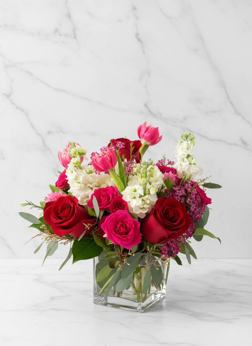 The Darling - The Darling  A charming mix of lush red and hot pink roses, soft blush tulips, and delicate seasonal blooms, thoughtfully arranged with fresh greenery in a modern glass cube. Romantic yet playful, this design is perfect for celebrating love, friendship, or simply brightening someone’s day. Designed in our signature low and lush style, The Darling is a sweet, elegant gesture that feels both classic and fresh.  