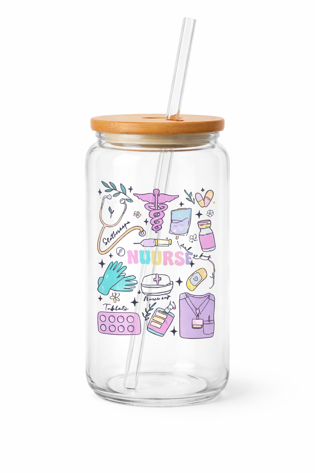 Glass Can Cup with Lid and Straw- NURSE - Take it on the go with your busy lifestyle, these can shaped glassware cups hold up to 16oz of all your favorite beverages. The snug-fitting bamboo lid with silicone sleeve allows you to take on the run with you and seals tightly to prevent any spillage!  - High quality printed decal, not made of vinyl -Comes with lid, straw, and straw cleaner -Bamboo lid with silicone to prevent spilling -16oz thick glass -Fits in cup holders