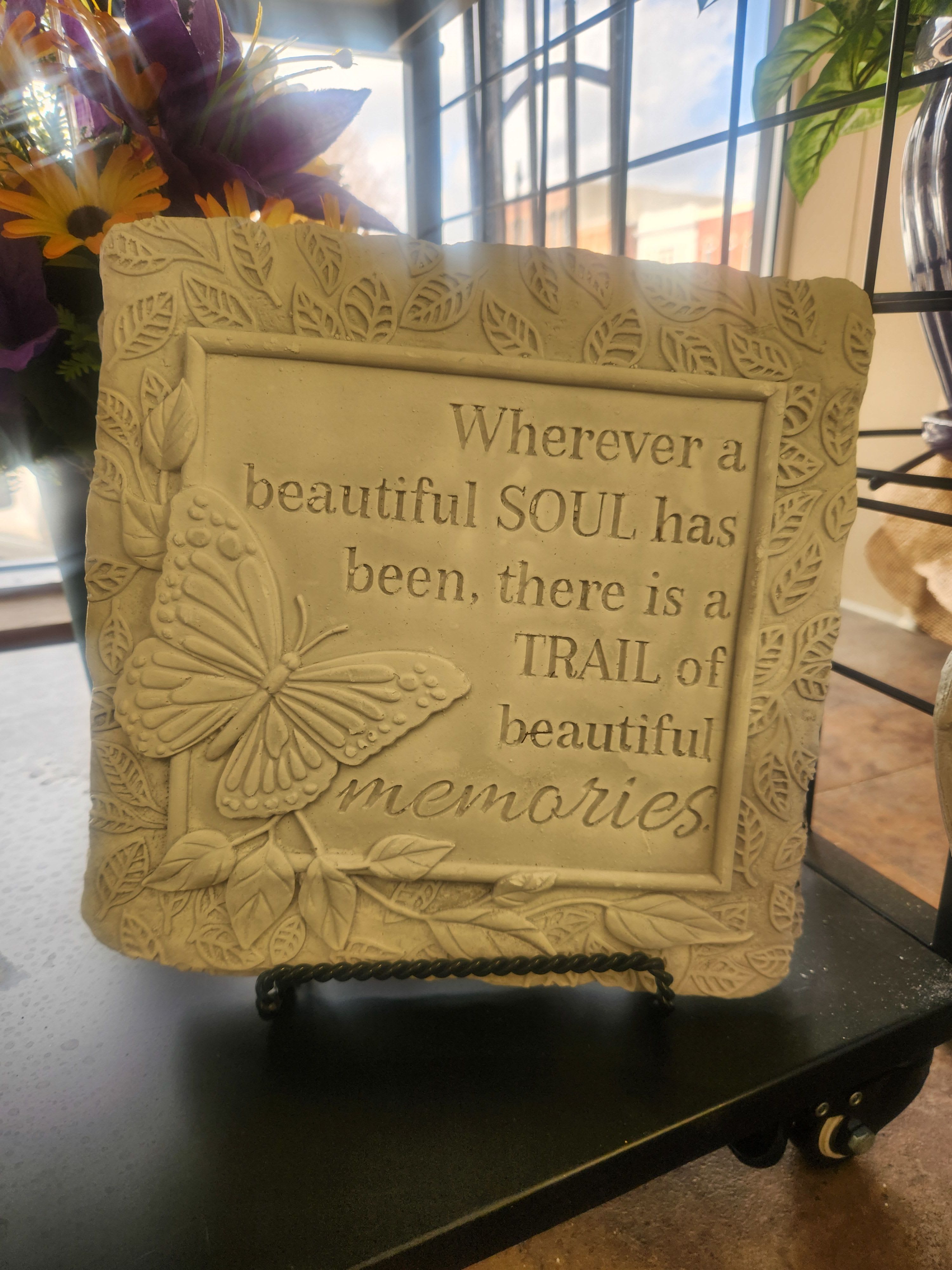 "Wherever a beautiful soul" memory stone with stand   - "Wherever a beautiful soul has been, there is a trail of beautiful memories." butterfly memorial stone with stand 