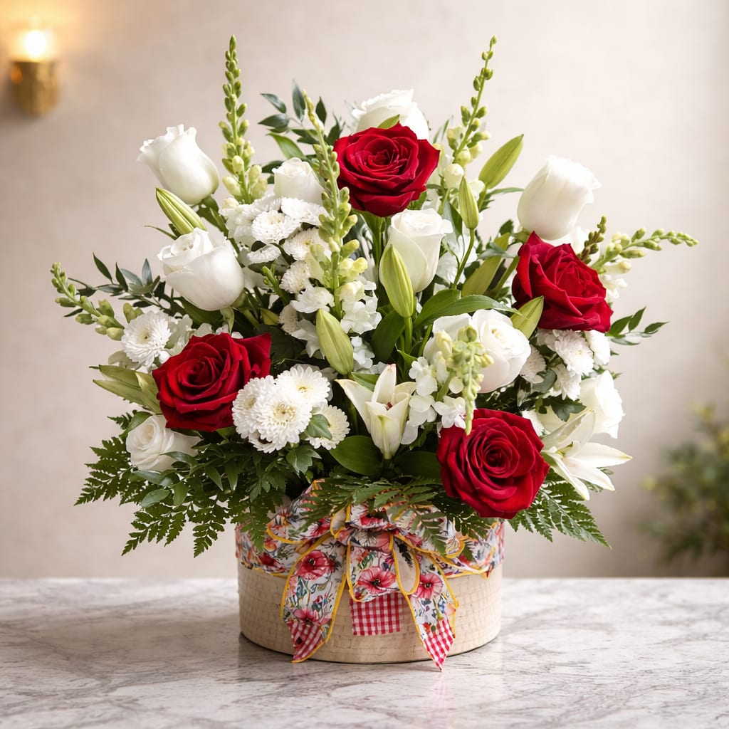Passion and Purity - Deep contrast between deep red roses and soft white lilies is the first thing the recipient will notice in this Passion and Purity flower arrangement - a classic red-and-white bouquet that reads as both romantic and respectfully elegant. Designed as a flower arrangement for anniversaries, birthdays, or sympathy and remembrance moments, it feels celebratory without being flashy and comforting without being somber, the kind of gift that makes someone feel remembered and honored.  This arrangement combines red and white roses with fragrant white lilies, clusters of small white chrysanthemums, and tall snapdragon spikes for height and layered texture. The flowers are set in a round basket and finished with a floral-patterned decorative ribbon, giving the piece a handcrafted, gift-ready presentation. The upright composition and mix of blooms create visual movement from the basket up through the snapdragons, while the green foliage adds fresh contrast to the red-and-white palette.  Perfect for the person you want to celebrate or to comfort, Passion and Purity works equally well on a dining table, mantle, or beside a memorial photograph. Care is simple: keep the arrangement in a cool spot away from direct sun and replenish water as needed to maintain freshness; contact Poppy's Flower and Gift Shop for same-day delivery options and sizing questions.