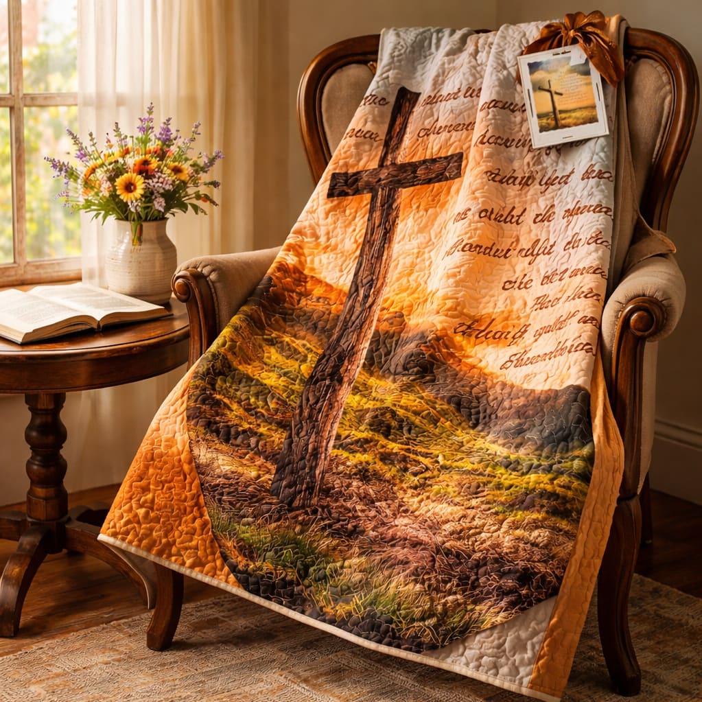 Rugged Cross Throw Blanket - A cozy, faith-centered gift that comforts at first sight - a quilted throw makes a thoughtful sympathy or encouragement gift.  The soft quilted throw draped over an armchair; the blanket displays a large cross motif and script text in autumnal orange, brown, and cream tones that deepen the devotional mood.   Send this when you want to offer comfort, celebrate faith, or simply let someone know you care.