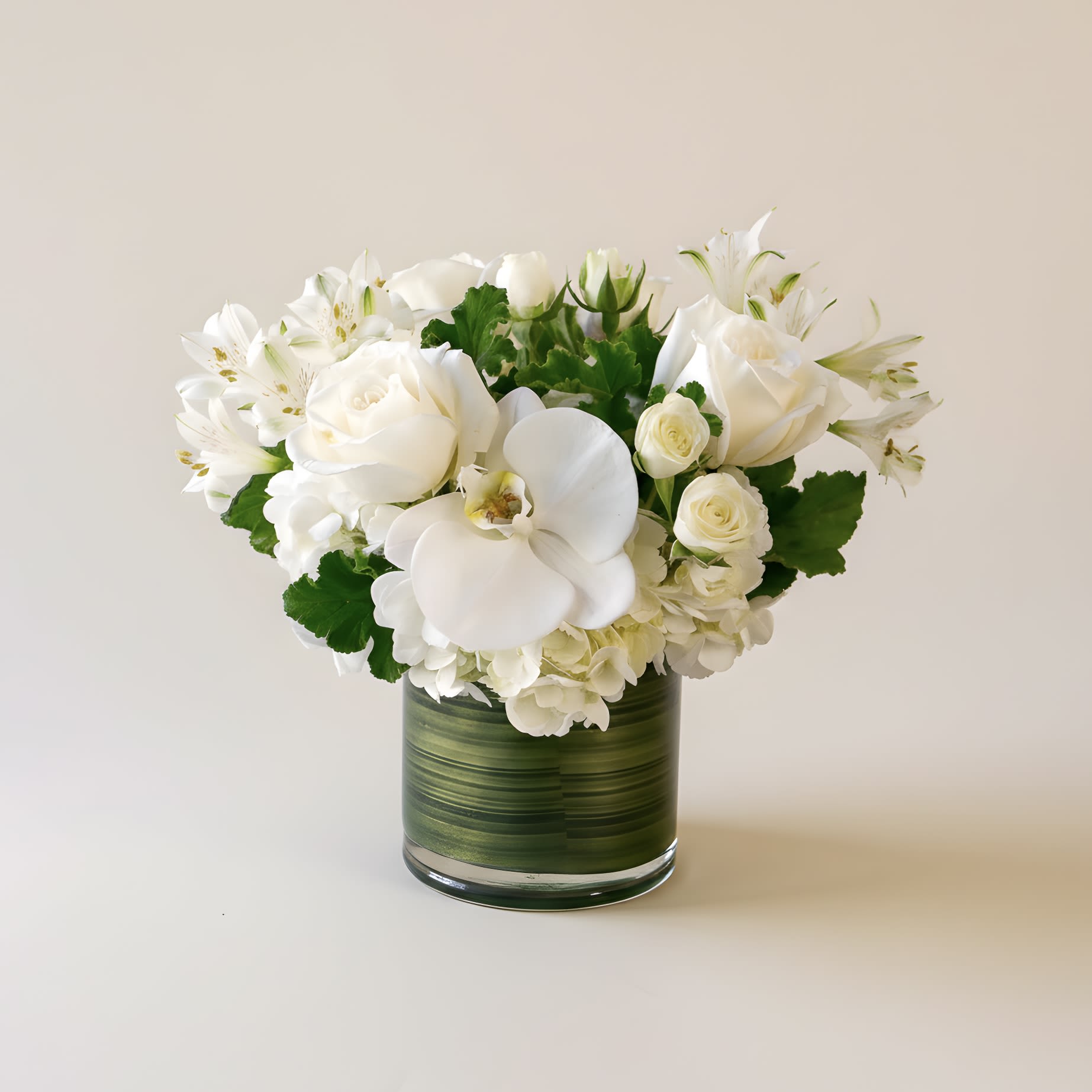 Cherished Moments - This delicate arrangement uses a lush, compact design to showcase beautiful Playa Blanca white roses, alstroemeria, orchid accents, spray roses, and premium hydrangeas elegantly arranged in a 5" leaf-lined cylinder vase.