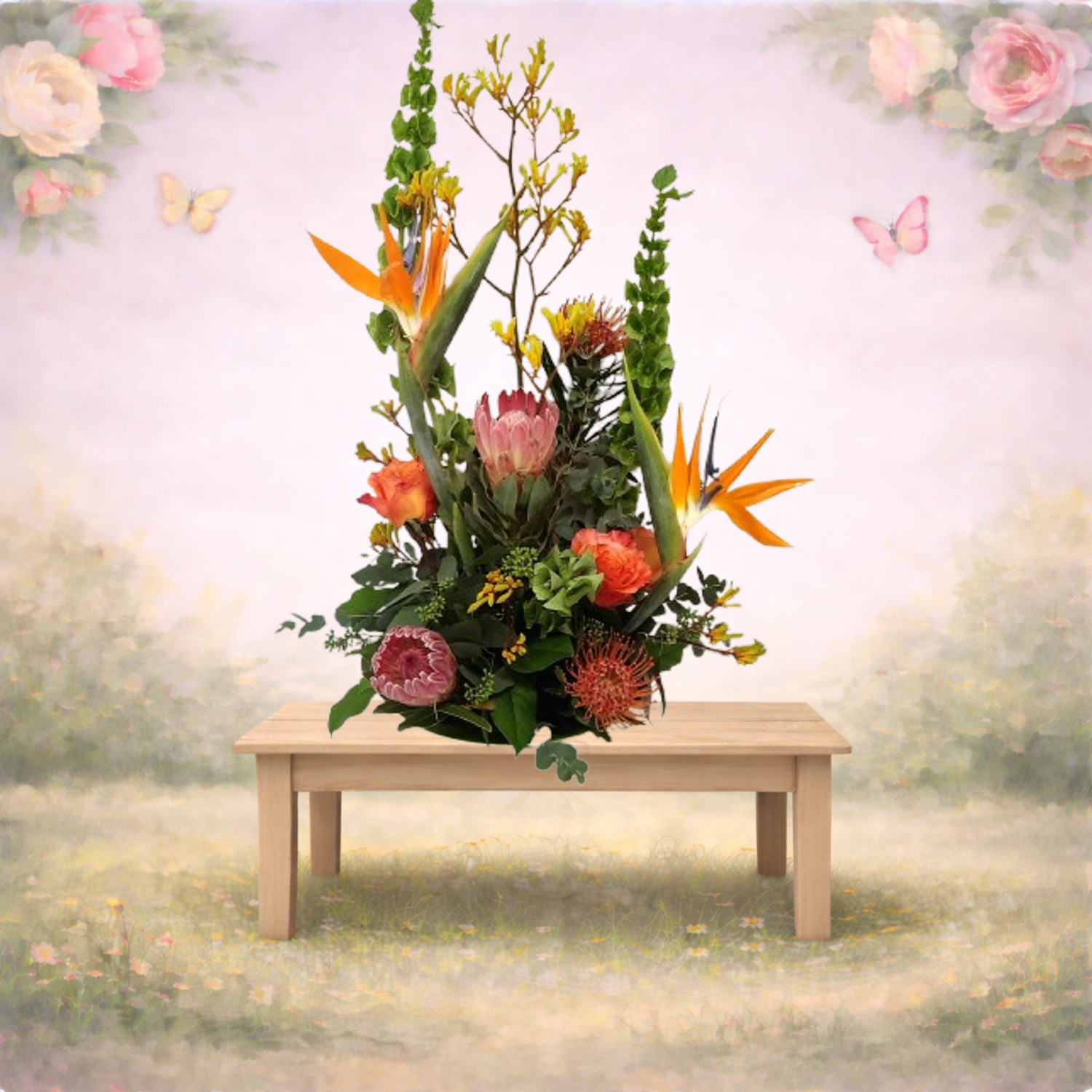 Island Lovin Mom - This fun and vibrant design brings a little island sunshine straight to her day. Featuring striking Birds of Paradise, unique Pin Cushion Protea, cheerful Yellow Kangaroo Paws, a beautiful Large Pink Protea, and our always-popular Free Spirit Roses… well, let’s just say it’s a tropical dream come true (and yes, we snuck in those Bells of Ireland for a fresh touch of green!).  Designed one-sided for maximum impact, this arrangement is full of personality, color, and lasting beauty. It’s styled low in a round container so every bloom can shine and be enjoyed up close.  It’s bold, it’s different, and it’s guaranteed to make her smile… maybe even enough to break out the hula skirt.