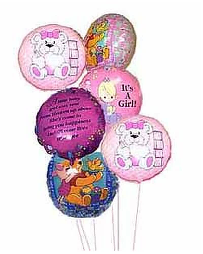 Bouquet of pink and colorful 'It's a Girl' themed mylar balloons on white sticks