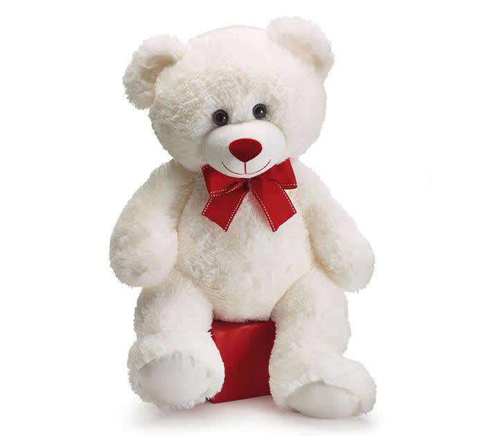 White teddy bear with a red bow sitting on a red box