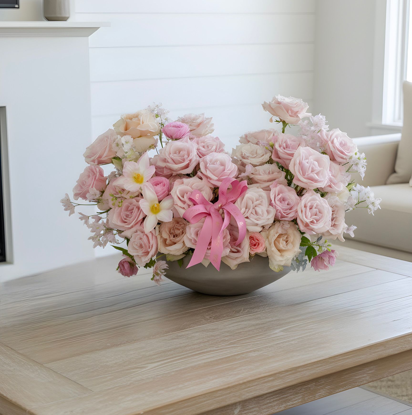 Petal Harmony - A soft cloud of pale pink and blush roses arranged low in a gray ceramic bowl-this flower arrangement is a romantic centerpiece perfect for an anniversary, wedding table, or a feminine birthday surprise. The rounded, compact silhouette reads as an elegant tabletop display that will make the person you're thinking of feel cherished and celebrated the moment it arrives.  Gift this arrangement for anniversaries, bridal showers, or to say "I'm thinking of you" with style-the subtle color mix reads as both romantic and refreshingly restrained. Because it's designed as a compact centerpiece, place it where guests can admire its details up close; fresh water and a cool spot away from direct sun will help the blooms last longer.