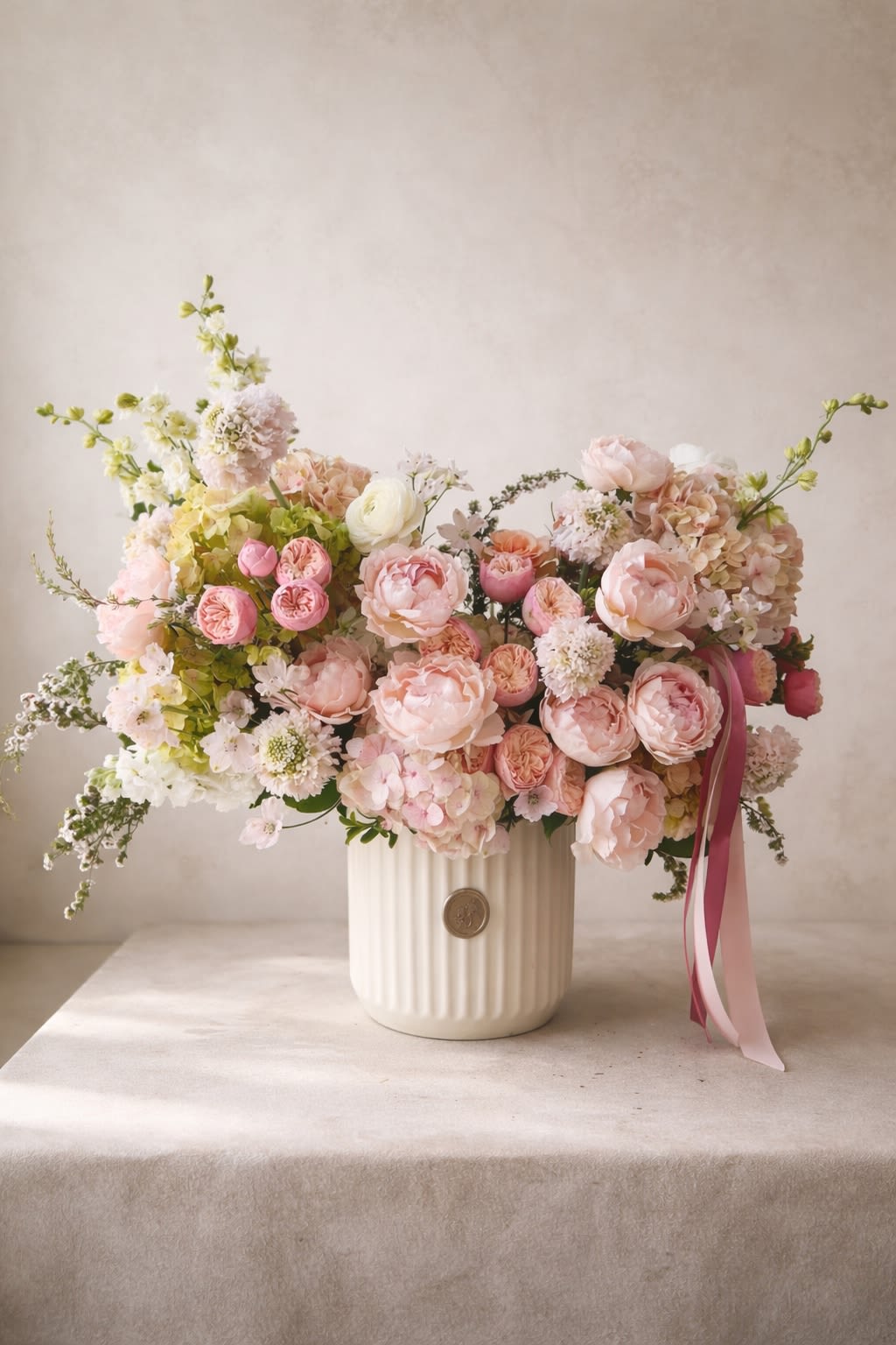 Large pastel bouquet of pink and white flowers in a ribbed white vase
