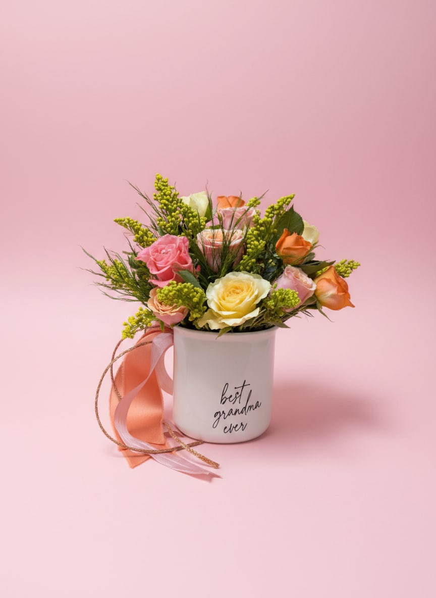 Grandma’s Sunshine - A bright and joyful Mother’s Day mug arrangement designed to make Grandma smile. Presented in a keepsake coffee mug that reads “Best Grandma Ever,” this piece is filled with warmth, color, and heartfelt charm.  A happy mix of yellow, orange, coral, and bright pink spray roses creates a vibrant, sunlit palette, while solidago adds soft golden texture and a touch of airy movement. Coral, pink, and rose gold ribbon finishes the design with a playful shimmer, tying everything together in a festive, celebratory way.  Cheerful, colorful, and full of love, this arrangement is a little burst of sunshine made just for Grandma—and the mug is a lasting reminder of how truly special she is.  All flowers, flower colors, and containers are subject to change due to availability. 